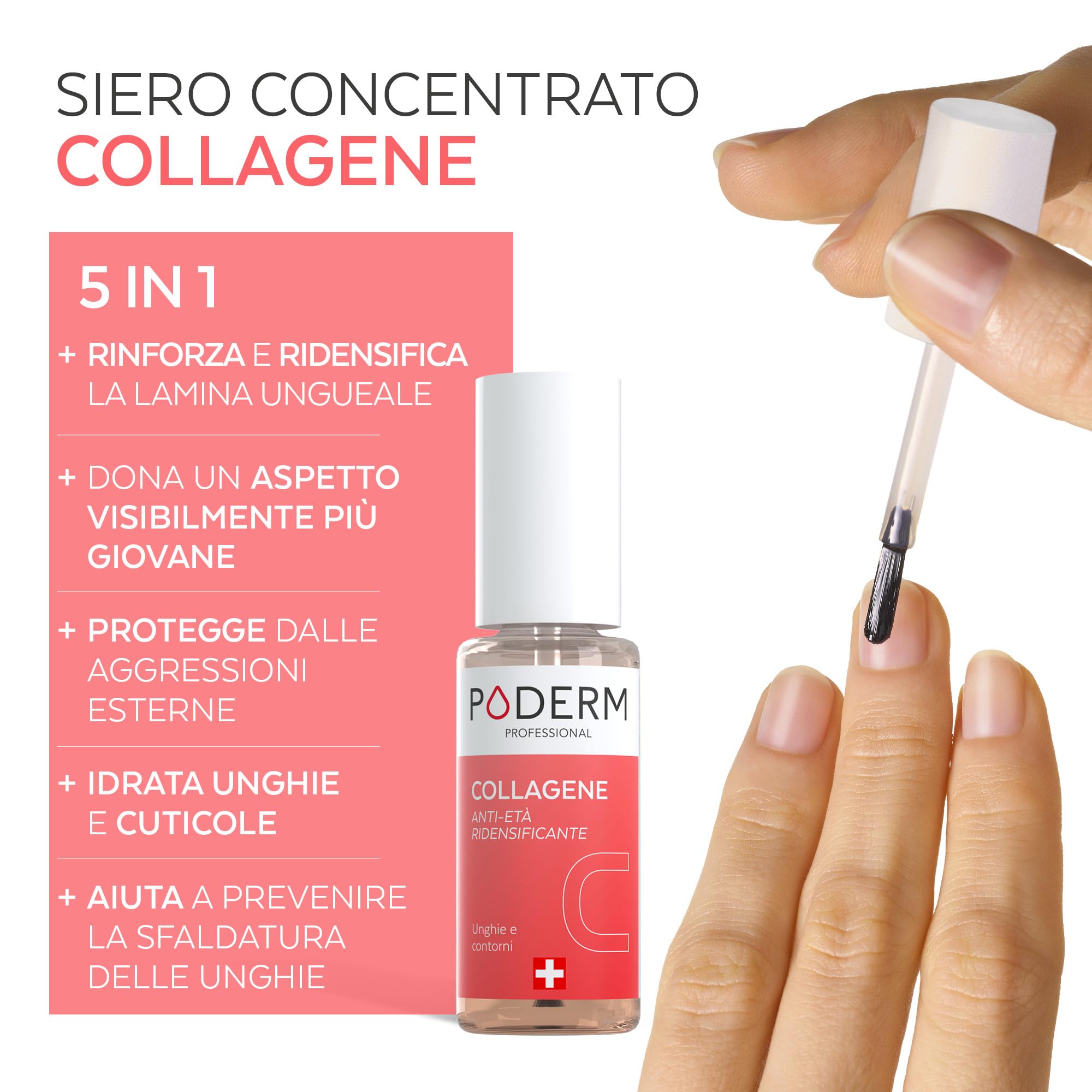 Poderm 5 in 1 Siero Booster Unghie - Collagene | Trattamento Ridensificante & Anti-Età per Unghie Indebolite - 6 ML | Idrata & Rafforza | 100% Naturale - Sviluppato da un Podologo in Svizzera