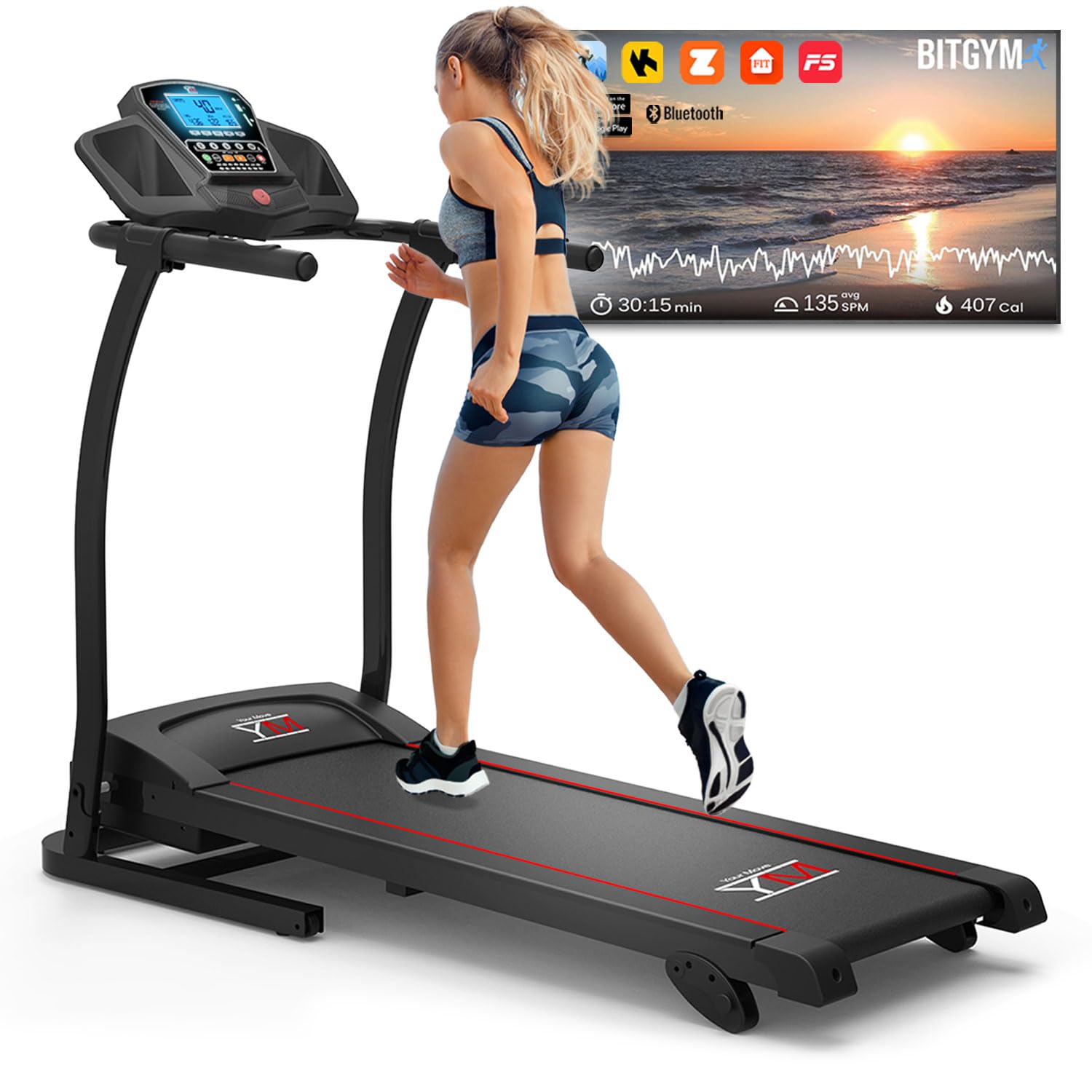 YM Tapis Roulant Elettrico Salvaspazio, da 10 a 16 km/h, Marchio ITALIANO, Bluetooth e APP Interattive, Sensore Cardio, Programmi Allenamento Preimpostati