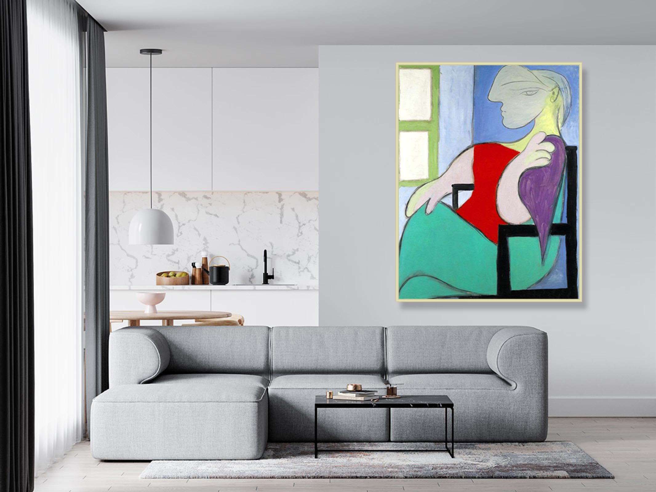 NHLDZYH Szampańska srebrna ramka - Picasso wydruk na płótnie obraz kobieta siedząca w pobliżu okna - Picasso obrazy na płótnie z ramą - Picasso Picasso wydruk na płótnie 40 x 50 cm