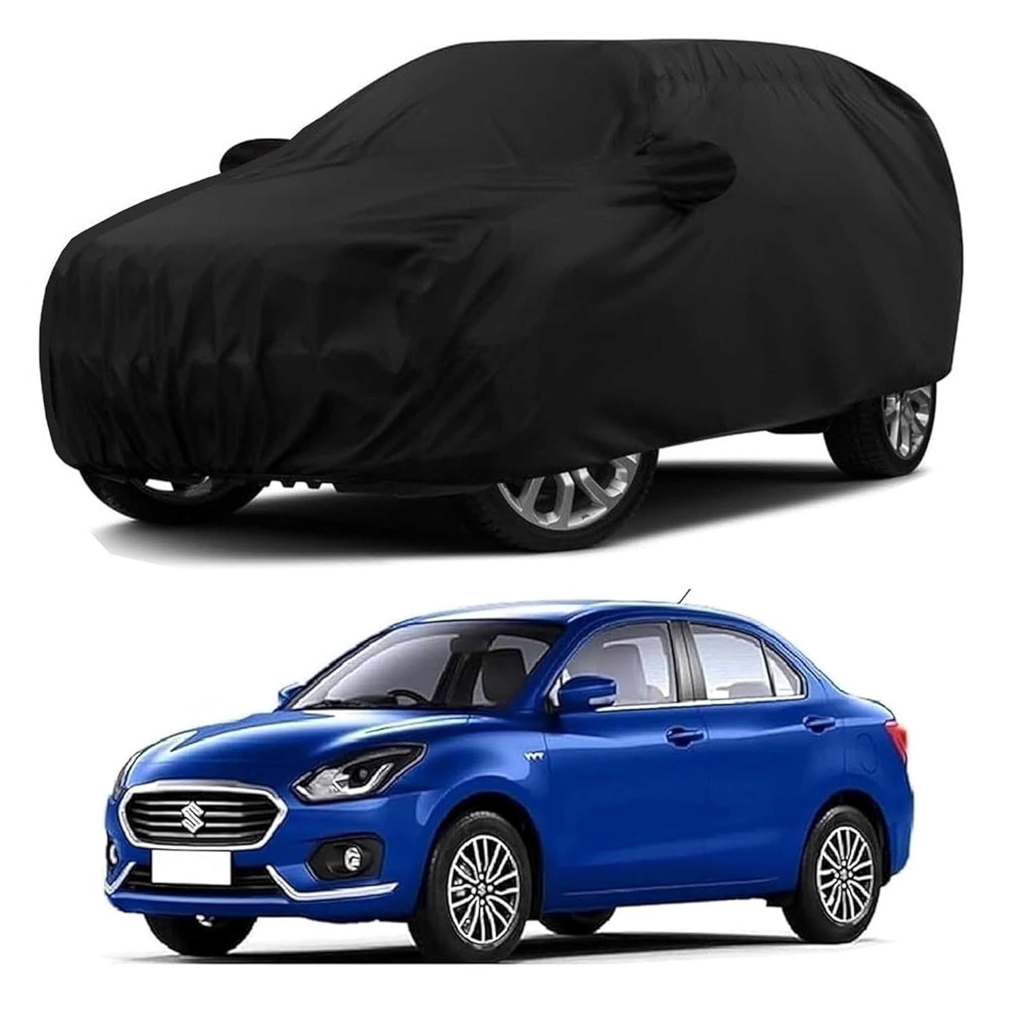 Sulfar 100% Water Resistant Car Body Cover Compatible with Mirror & Antenna Pockets for Maruti Suzuki Swift Dzire (Triple Stitched, Full Bottom Elastic, Black)