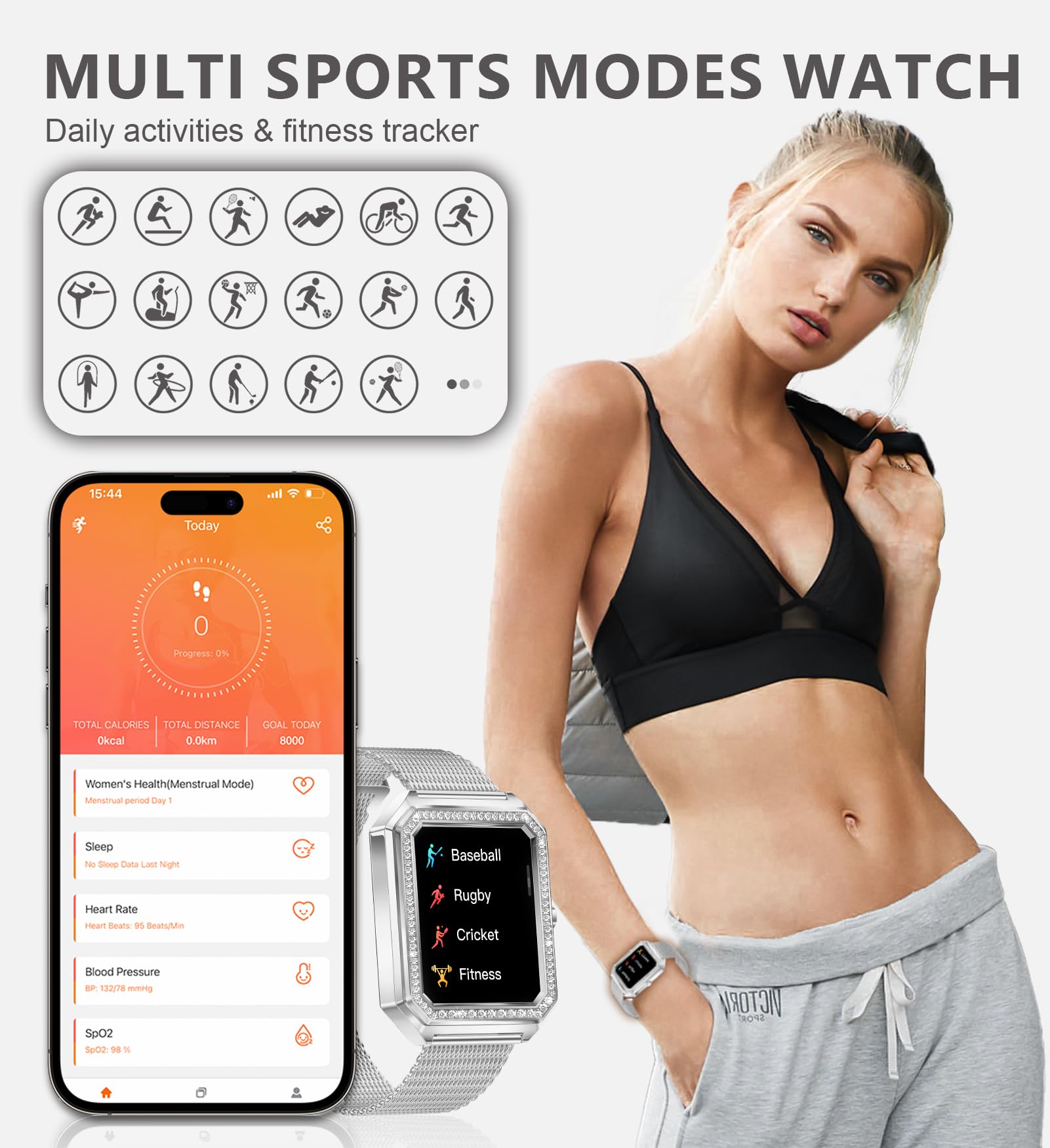 Iaret Reloj Inteligente Mujer con Llamada,1.59" Impermeable Diamante Smartwatch con Seguimiento Menstrual Pulsómetro SpO2 Monitor Sueño Presión Arterial Reloj Podómetro para Android iOS, Regalo Mujer
