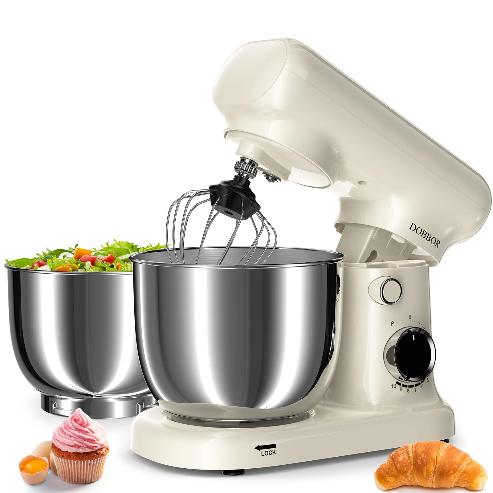 Batidora Amasadora Doble Bol De 2.5L+3L, Batidora EléCtrica De 10 Velocidades Y 1500w - Incluye Batidor De Huevos, Gancho Para Masa Y Batidor Plano Para ReposterÃA Casera (Blanco lechoso)
