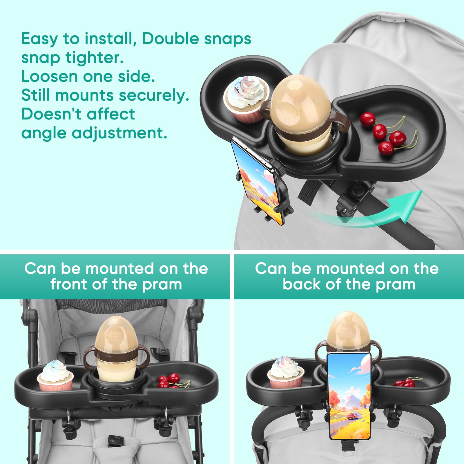 Bandeja para Cochecito de Bebé 4 en 1, Bandeja Universal para Cochecito con Portabocadillos y Soporte para Móvil | Accesorio Removable con Rotación 360° para Cochecitos con Reposabrazos