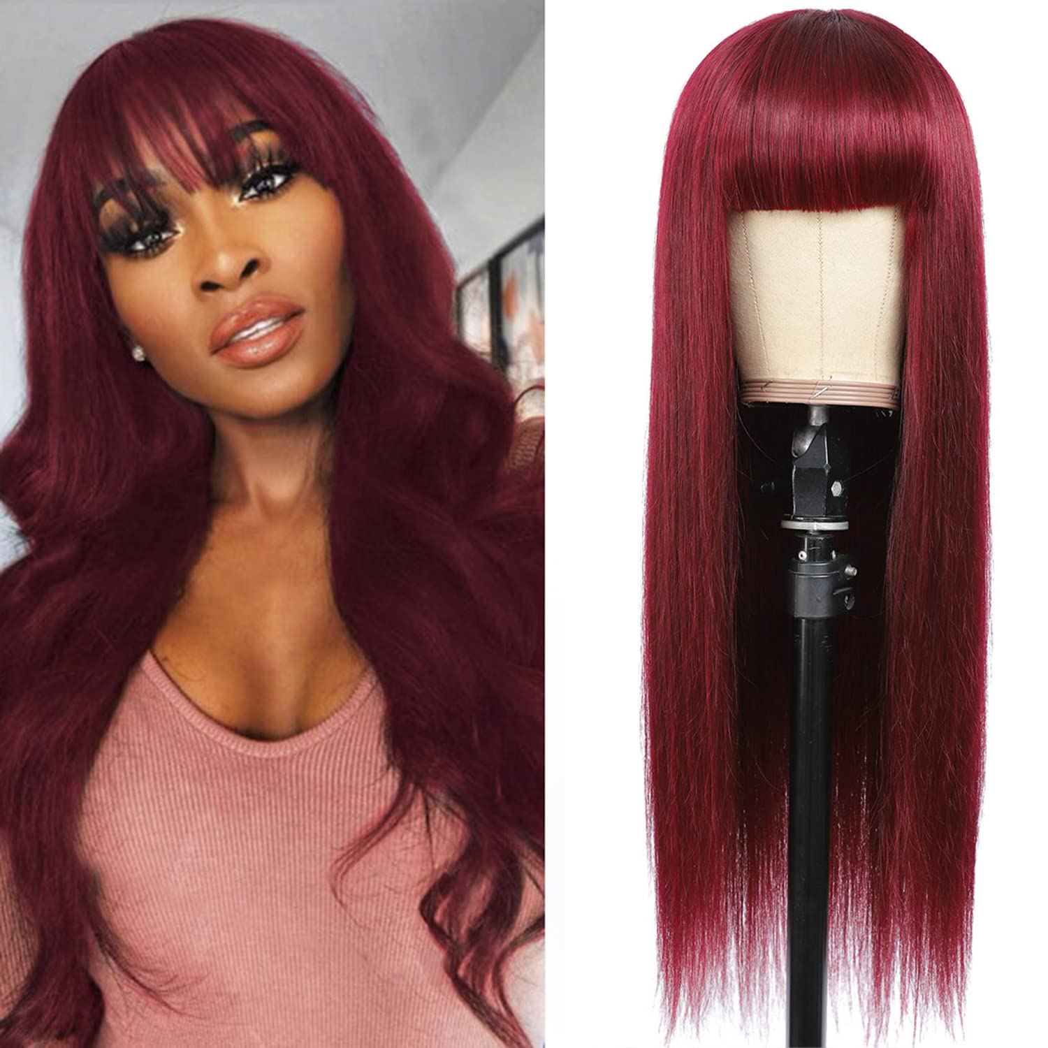 Amazon.com : Seelaak Burgundy Red Straight Human Hair Wigs with Bang  Brazilian Hair Long Red wig with Bangs None Lace Front Glueless Machine  Made Huaman hair Wigs For Black Women (14 Inch,Burgundy) :