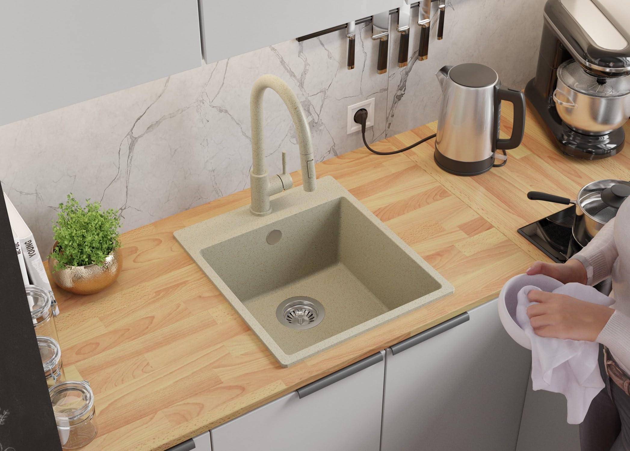 PRIMAGRAN Fregadero Granito Todo Beige - Riga, 43x50cm | Cocina 1 Seno + Grifo 40x20cm + Set de accesorios, sobre Encimera al Mueble 45cm (S150)