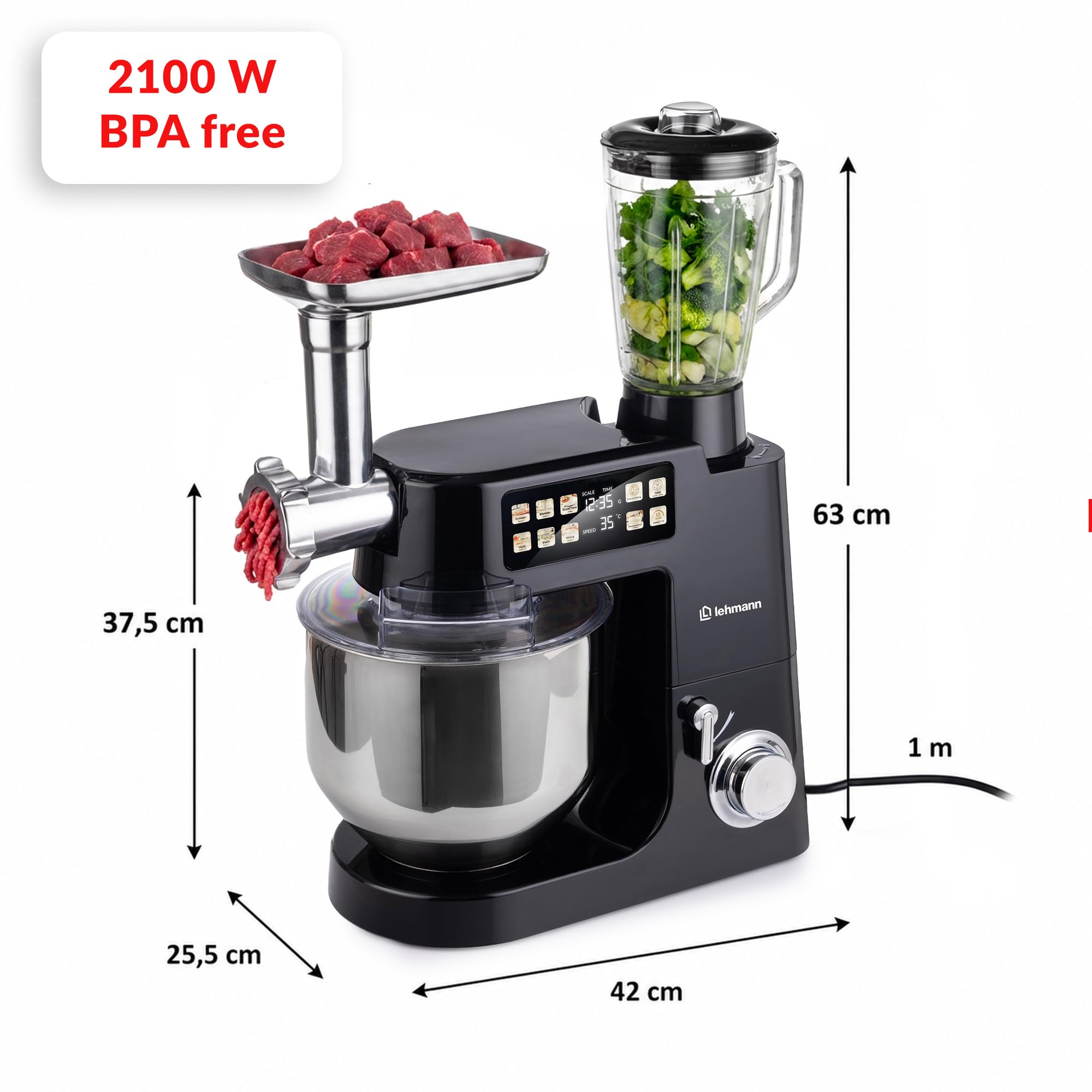 LEHMANN Teyles Robot Pâtissier Professionnel Multifonction 2100W 8L avec Balance Intégrée et Bol Chauffant, Pétrin à Pain et Pizza, Blender Verre 1,5L, Hachoir à Viande, Noir