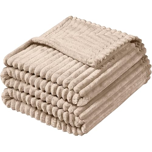 Vessia Flannel Fleece Twin Blanket for Couch,Sofa,Bed, 300GSM Striped 60x80inch Camel Blanket for Adults and Kids, Super Soft Warm Cozy Lightweight Ribbed Brown Throw for All-Season