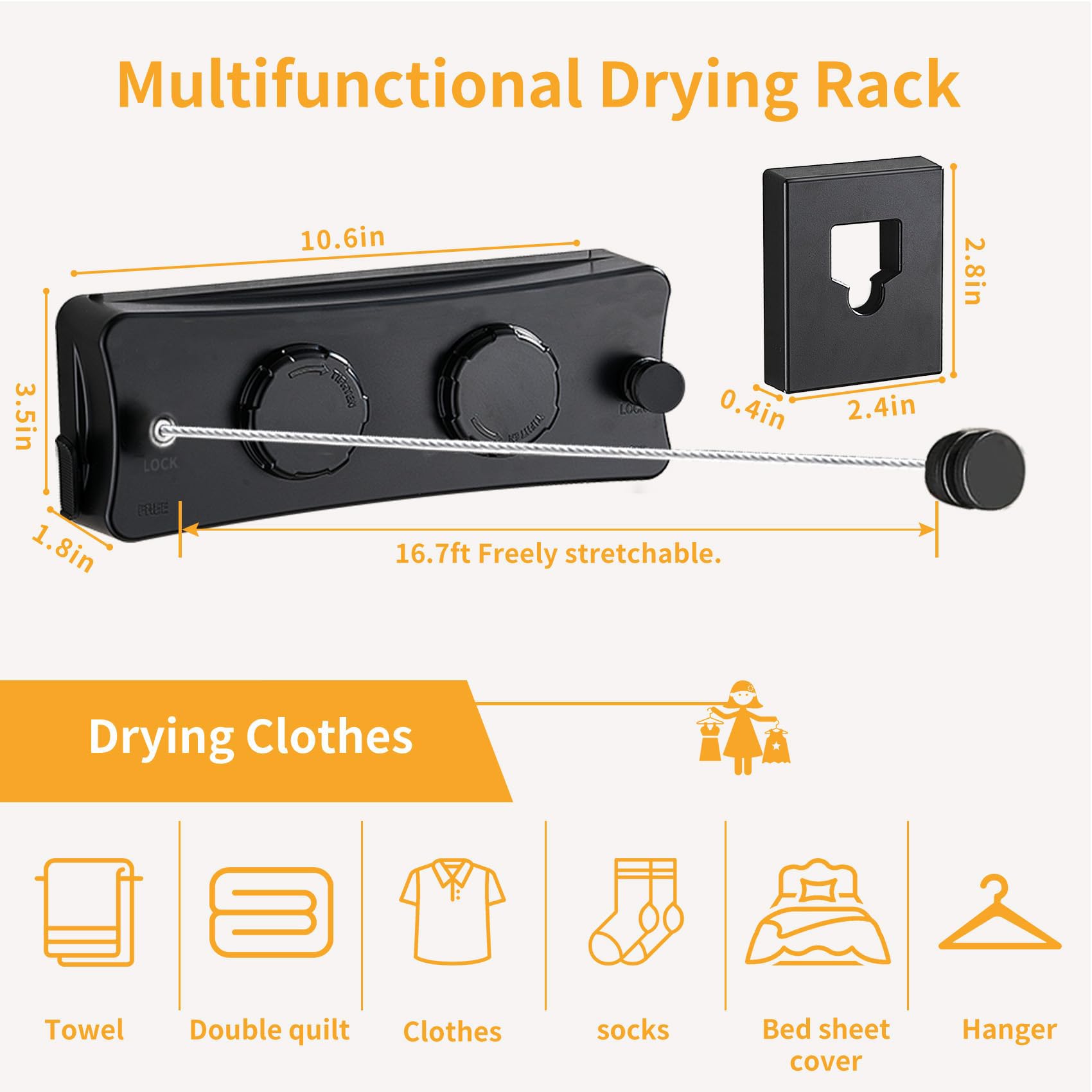 Corde à Linge Rétractable 5.1m, Acier Inoxydable Fil a Linge Extérieur Retractable (Noir)