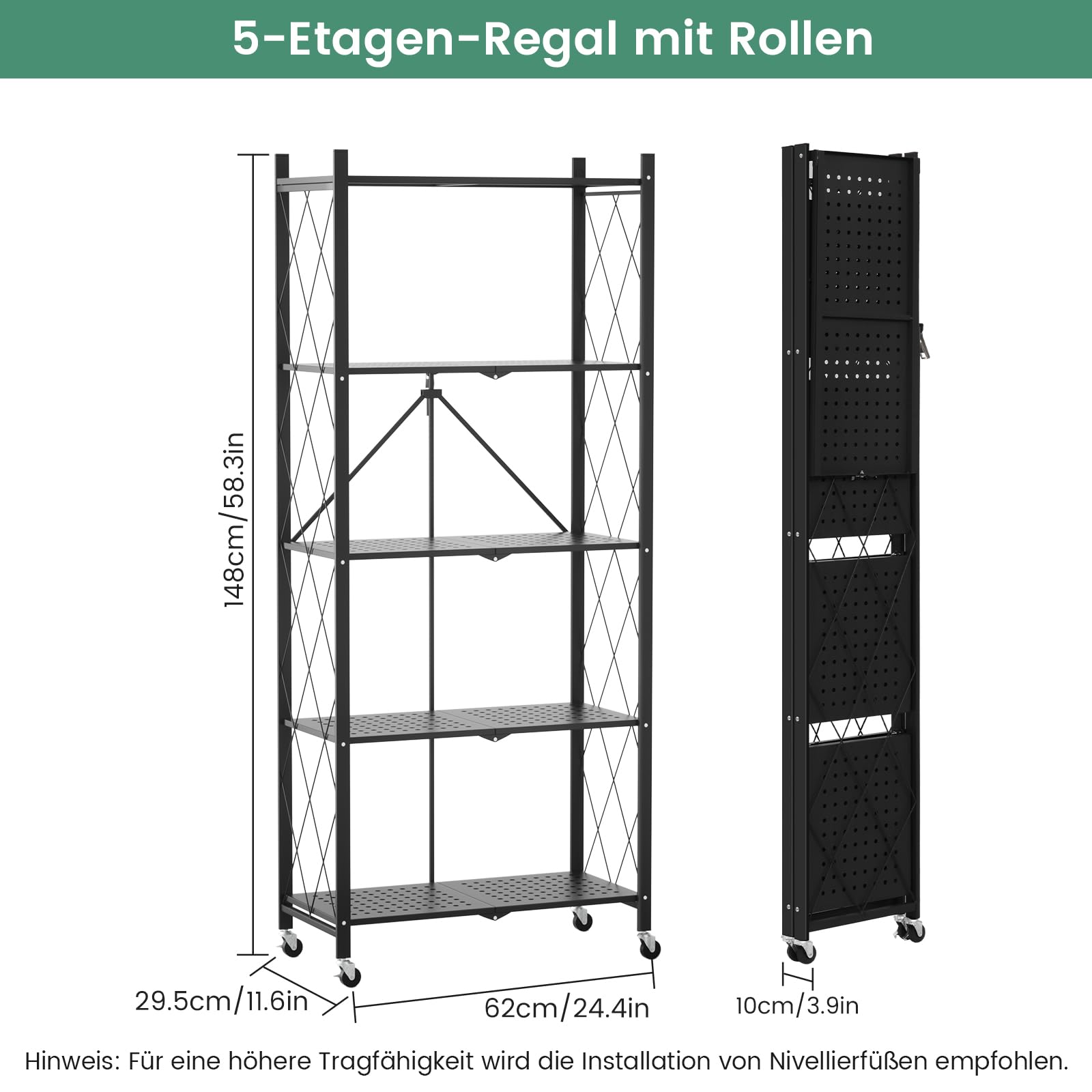 ALANNG Klappregal mit Rädern - Standregal mit 5 Ablagen, Bücherregal aus Metall - Montagefrei & Stabil - Für Küche, Wohnzimmer, Keller, Büro - Schwarz