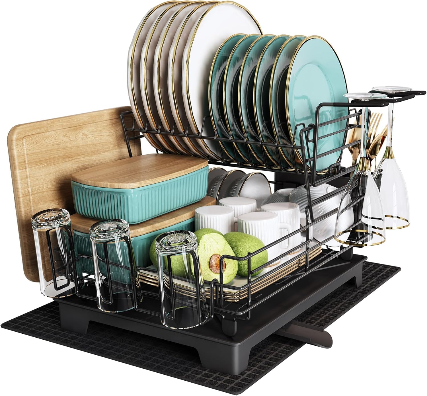 Supvox® Dish Drying Rack, 2 Tier Dish Racks Carbon Steel, Durable, Rust-Proof, Detachable Large Capacity Dish Drainer Organizer with Cutlery & Removable Cutting Board Holder for Kitchen Counter