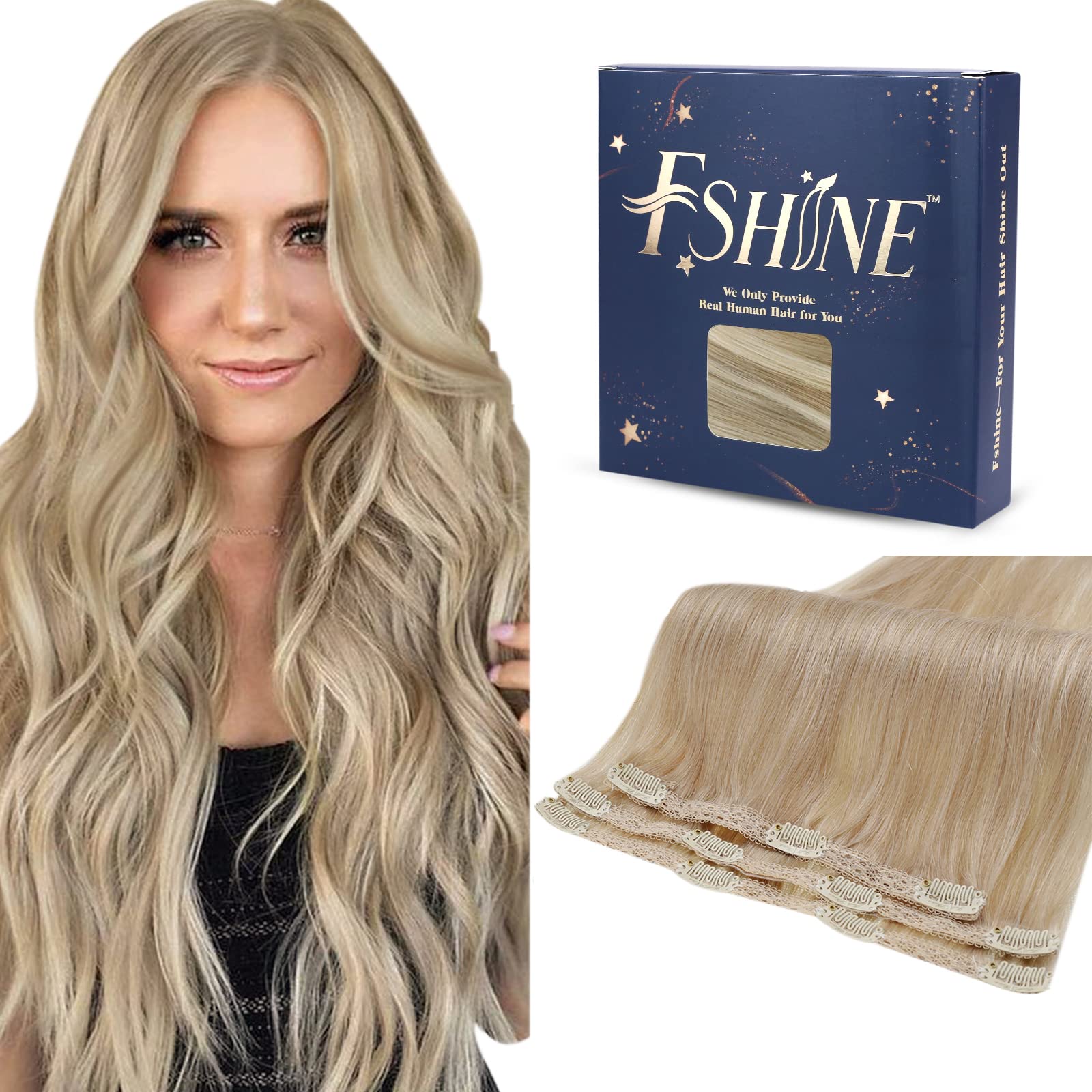 Fshine Estensioni Clip Capelli Veri Biondo Cenere Scuro Con Highlighted Del Biondo Dorato Extension Human Hair Clip 3Pcs 50g 30cm Extension Clip Capelli Umani Lisci #16P22