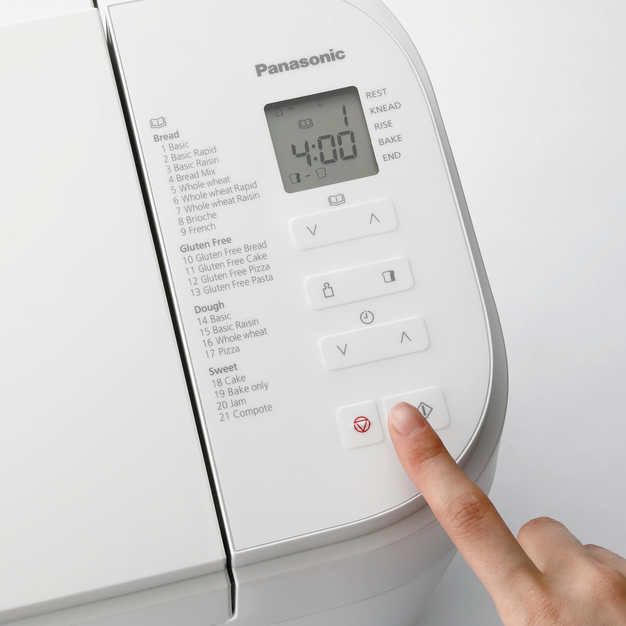 Panasonic SD-B2510W Vollautomatischer Brotbackautomat, 4 glutenfreie Programme, horizontales Design, 21 automatische Programme, 2 Temperatursensoren, 13 Stunden Zeitvorwahl, LCD-Display, Weiß