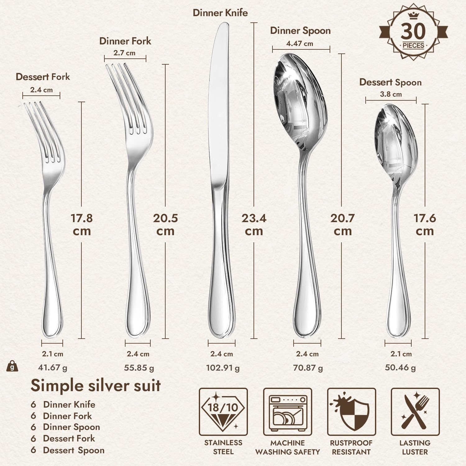 HIKAA Besteck Set 6 Personen, 30-Teiliges 18/10 Edelstahl-Besteckset | Teardrop Essbesteck, Morden Poliert Cutlery Set für Zuhause/Hotel/Hochzeit, spülmaschinenfest, (Silber)