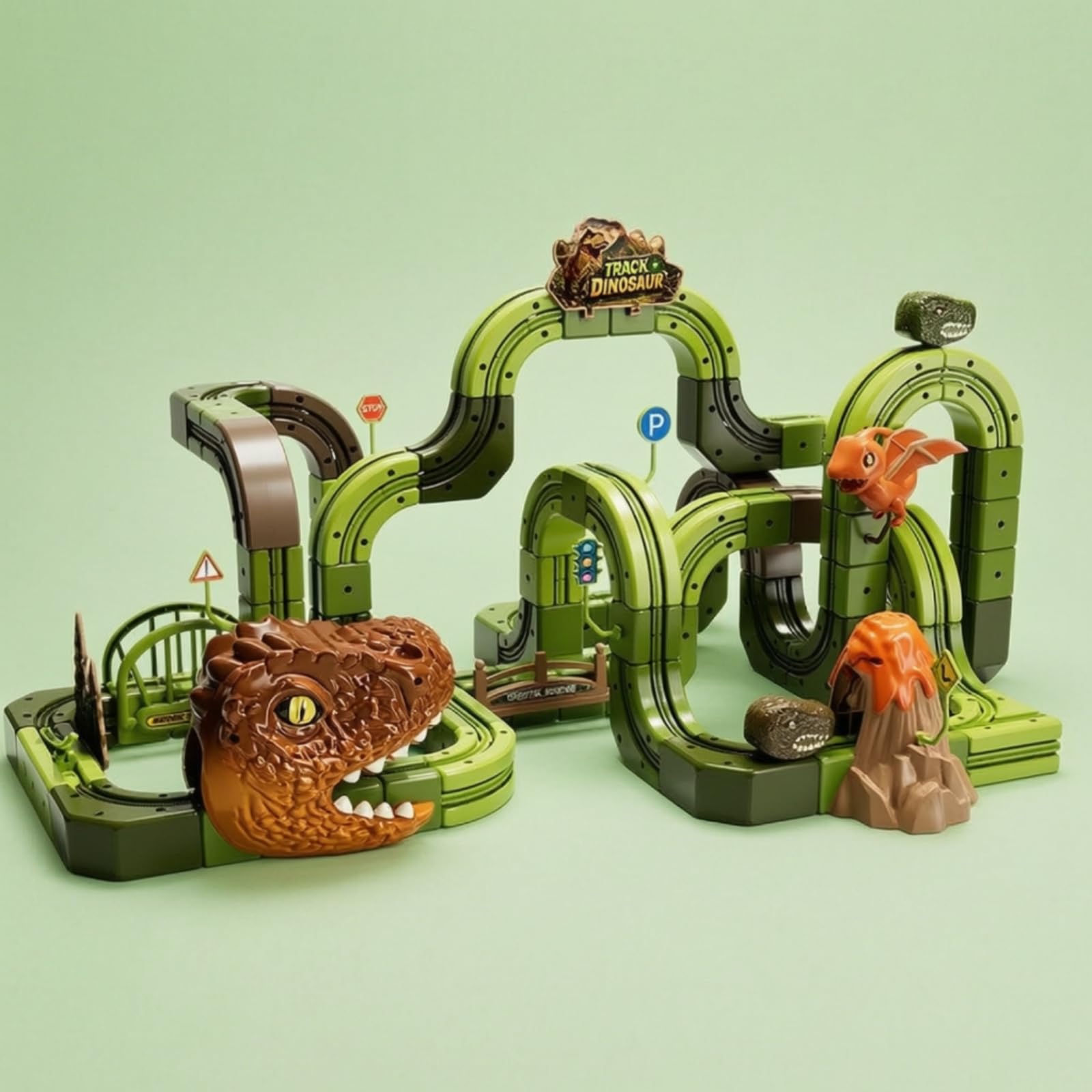 Pista Veicolini con Dinosauri Sicuro, Verde, Size to 1 | Modulare, Combinabile, Pista Giocattolo con Dinosauri, per Area Giochi