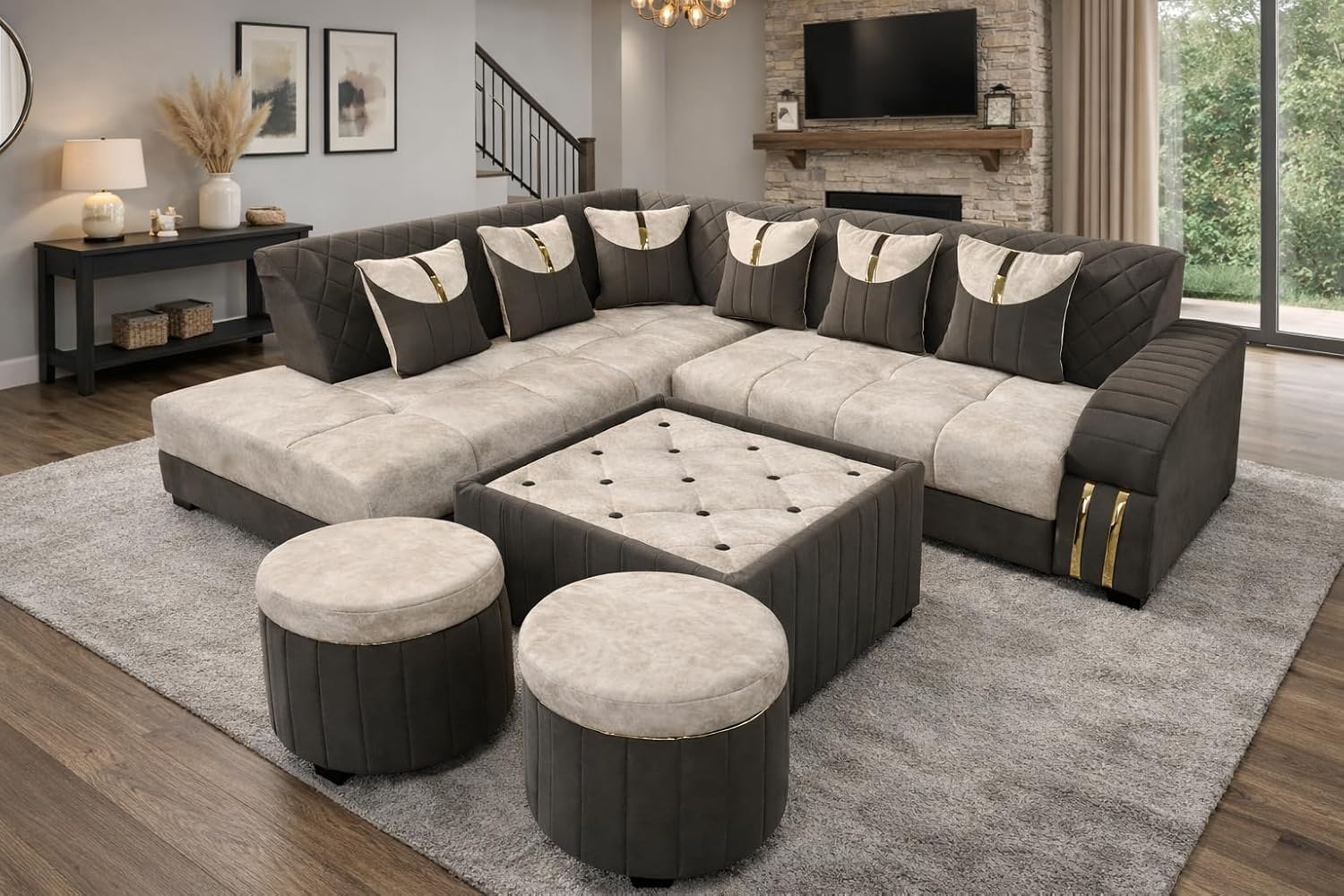 Left Facing Upholstered L Shape 7 Seater Sofa Set | Sectional Swed Fabric Sofa Set with Centre Table and 2 Puffy Ottomans for Living Room & Drawing Room, Grey and Cream-image-23