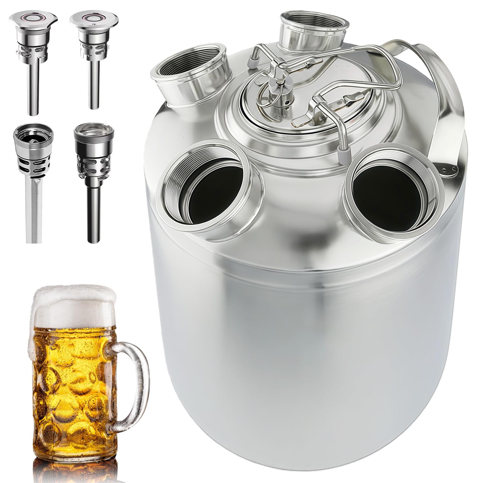 Barril de limpieza de cerveza, 10 L, acero inoxidable, depósito de limpieza de 4 cabezales, incluye pinchos A, S, G, D con tapa de cierre para dispensadores de cerveza, máquinas de té de