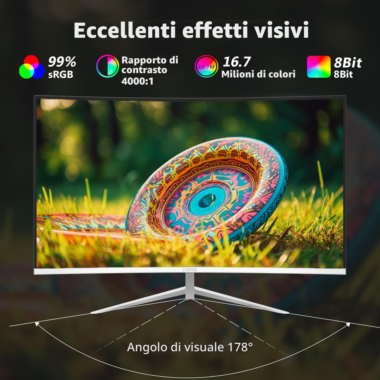 Z-Edge Monitor Curvo Bianco 27 pollici, Pannello VA 100Hz Full HD 1080P, Schermo Curvo 1500R, 99% sRGB, 250 cd/m², HDR10, FreeSync, HDMI e DP, Compatibile con VESA