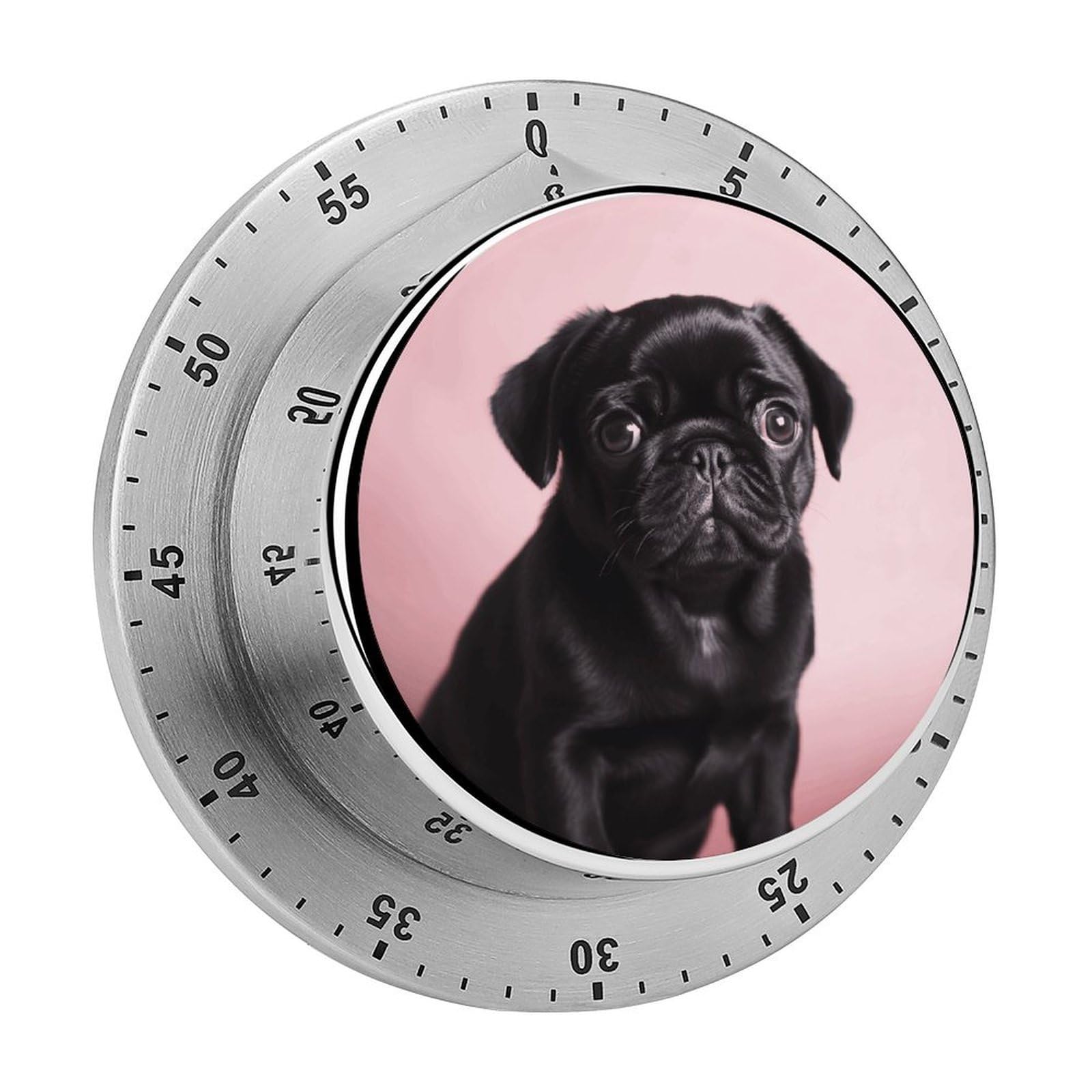 Cute Black Pug Timer Exquisite Stainless Steel Body Mechanical Desk Timers 60 Minutes Visual Countdown Timers with Magnetic Backing Loud Alarm Kitchen Timer for Cooking