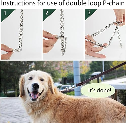 Miniatura 3 de Paquete de 2 collares de cadena para entrenamiento de perros, collar martingala de acero inoxidable 304 (19 pulgadas, 0.098 in, plateado)