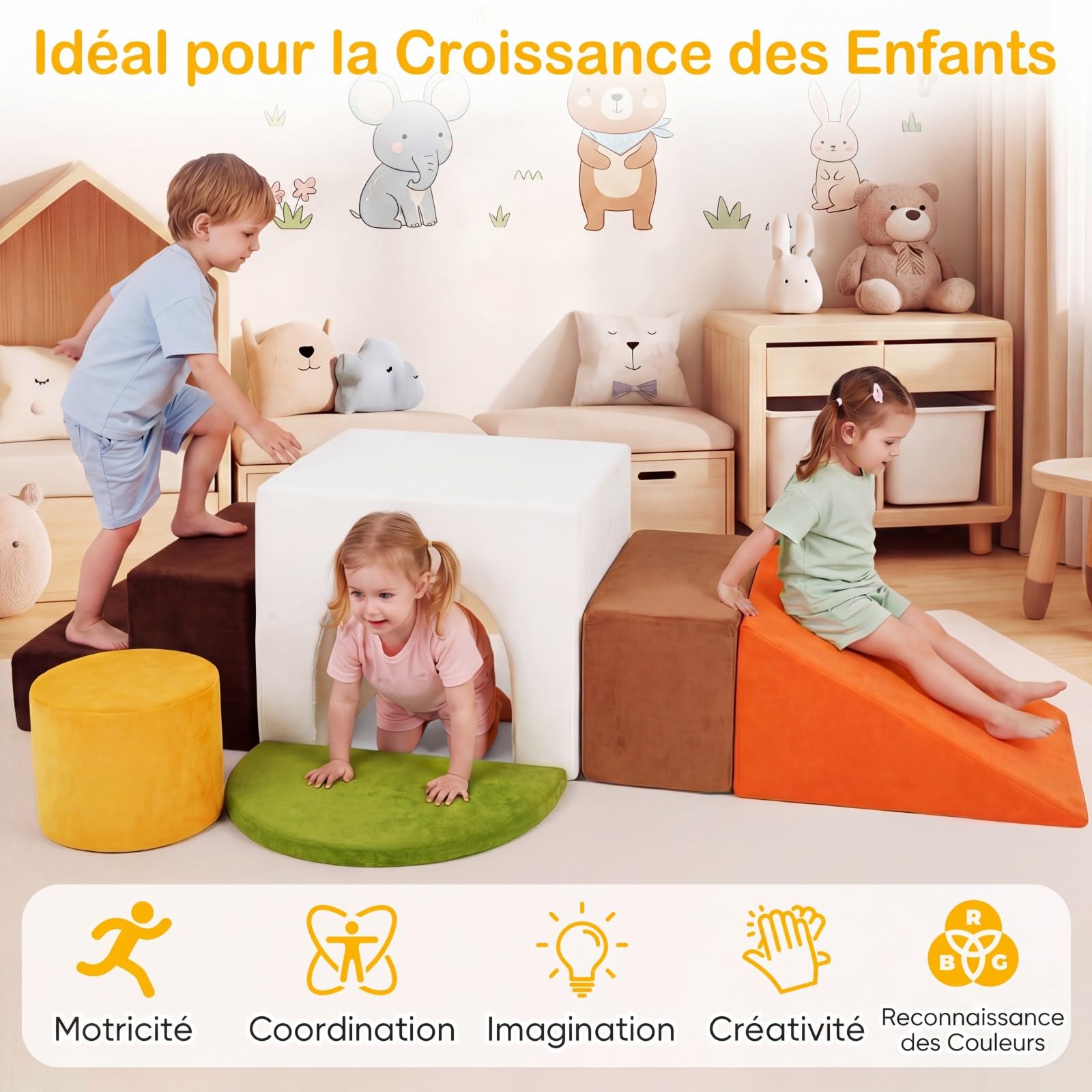 COSTWAY 6PCS Parcours Motricité Bébé en Mousse avec Housse Amovible et Lavable en Velours, Module Motricité Bébé avec Diverses Couleurs & Formes, Jouets Éducatifs Intérieur pour Ramper Grimper (Blanc)