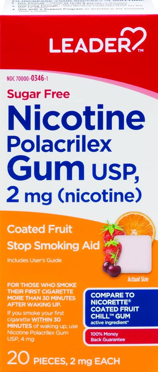LEADER Nicotine Gum Stop Smoking Aid, 2 mg, Nicotine Transdermal System, Ice Mint, Polacrilex Quit Smoking with Behavioral Support Program, Sugar Free, 100 Count, Pack of 2