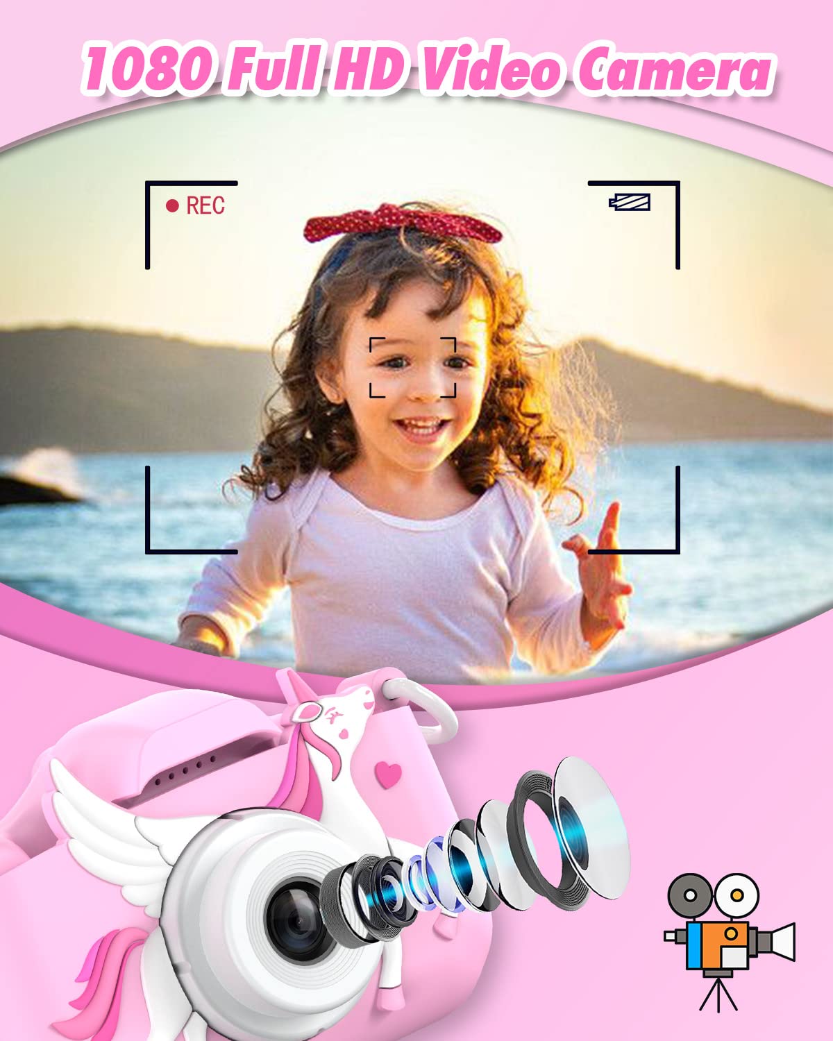 Slothcloud Unicorn Kids Selfie Camera,Unicorn Gifts for Girls Age 3-12,HD Kids Digital Video Cameras for Toddler,Toy for 3 4 5 6 7 Years Old Teens with 32GB SD Card,Christmas Birthday Gift for Girls