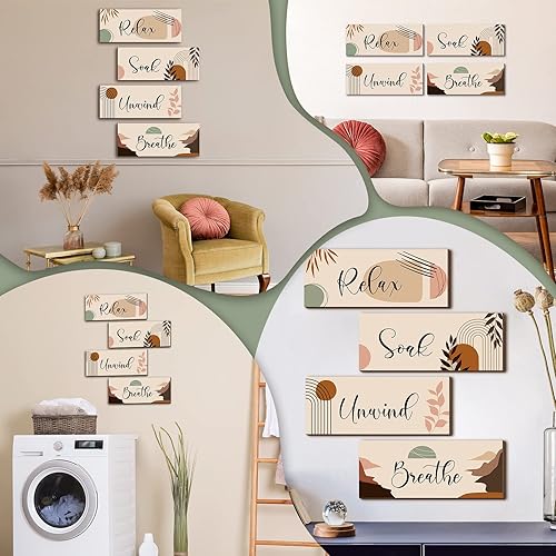 Miniatura 5 de 4 piezas de decoración bohemia de baño Relax Soak Unwind Breathe Letrero de arte de pared de baño, pinturas rústicas de madera para el baño o el