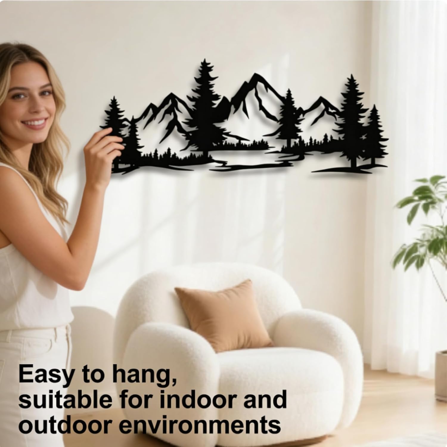 Motomas Metal Mountain Wall Art (41" L x 16" W) - Large Pine Tree & Lake Silhouette Metal Decor, Rustic Forest & Mountain Home Decor, Spacious Nature Wall Art for Living Room Bedroom Cabin Outdoor