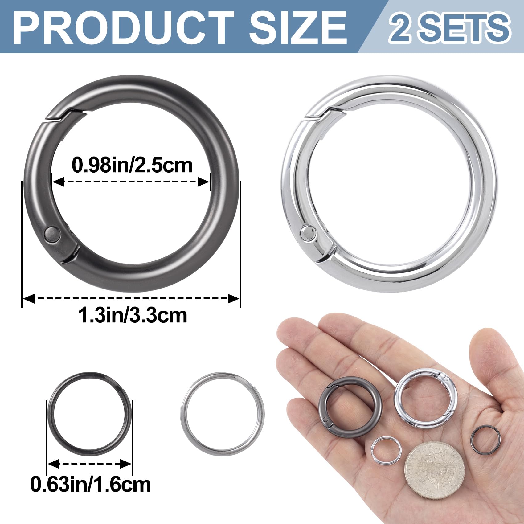 Mxxipp 2pcs Spring O Ring with Key Rings, Alloy Round Spring Keychain Clips, Small Circle Carabiner Snap Hook Replacement for Purse Bag DIY Crafts- Black & Gray