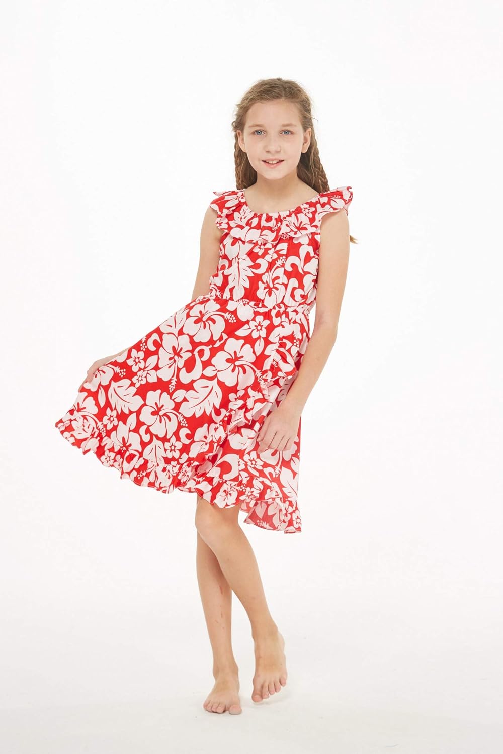 Girl Luau Wrap Ruffle Dress in Classic Red Hibiscus