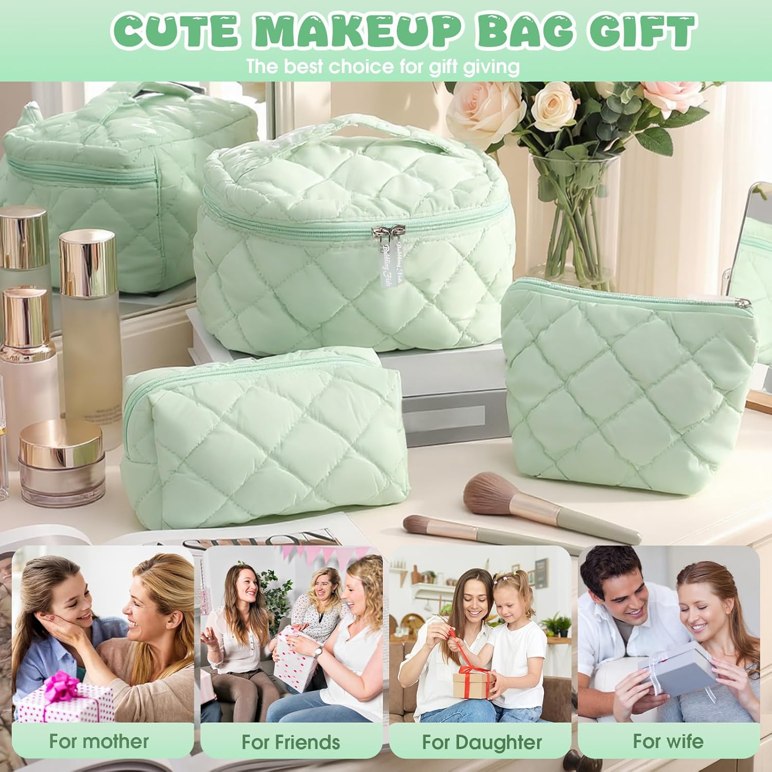 3 Pcs Green Puffy Makeup Bag Set for Women Large Quilted Cosmetic Bag Travel Toiletry Pouch Cute Checkered Puffer Make up Organizer Purse for Travel Bathroom Preppy Pencil Case with Zipper - Image 6