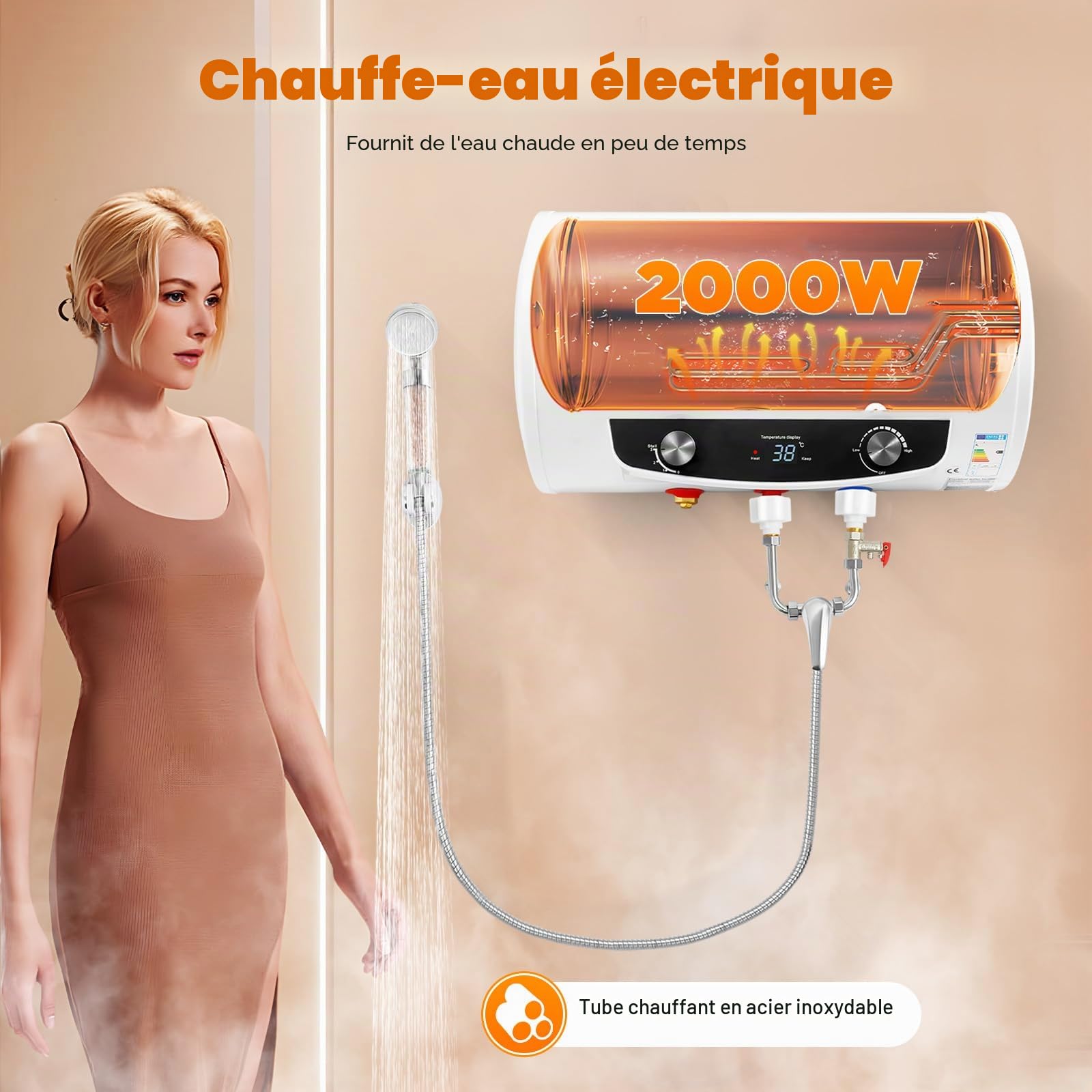 Chauffe-eau électrique - 50 l - Puissance de chauffage : 2000 W - Protection contre les fuites - Suspendu horizontal - 25 à 75 °C - Classe énergétique B