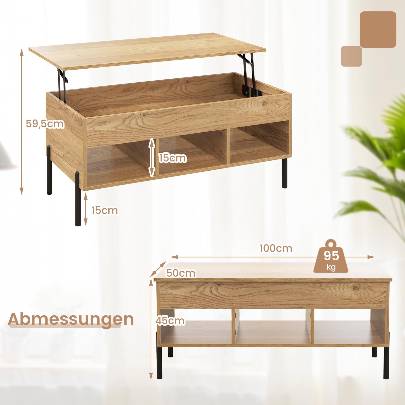 COSTWAY Couchtisch Höhenverstellbar, Beistelltisch mit anhebbarer Tischplatte & 3 offenen Fächern, Wohnzimmertisch aus Holz mit großem verstecktem Fach, Kaffeetisch für Wohnzimmer, Büro (Natur)