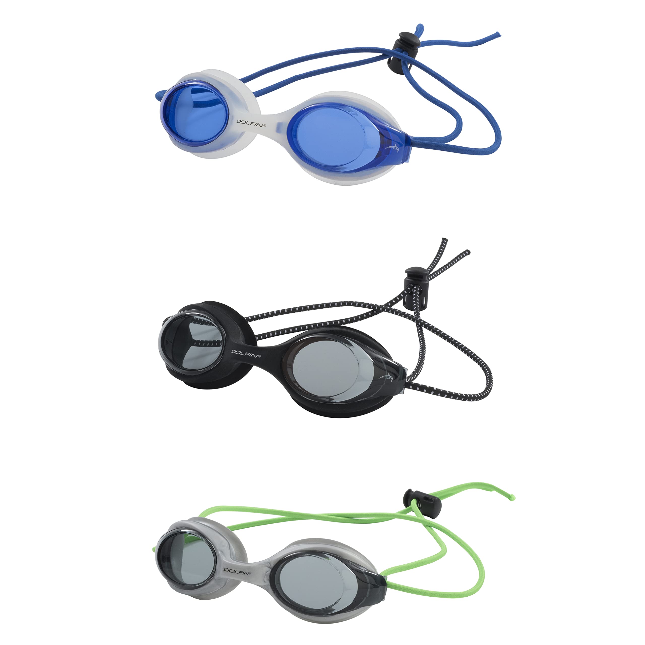 Dolfin Adult Swim Goggles - 3 Pack Bungee Racer with Anti-Fog, Anti-Leak Protection