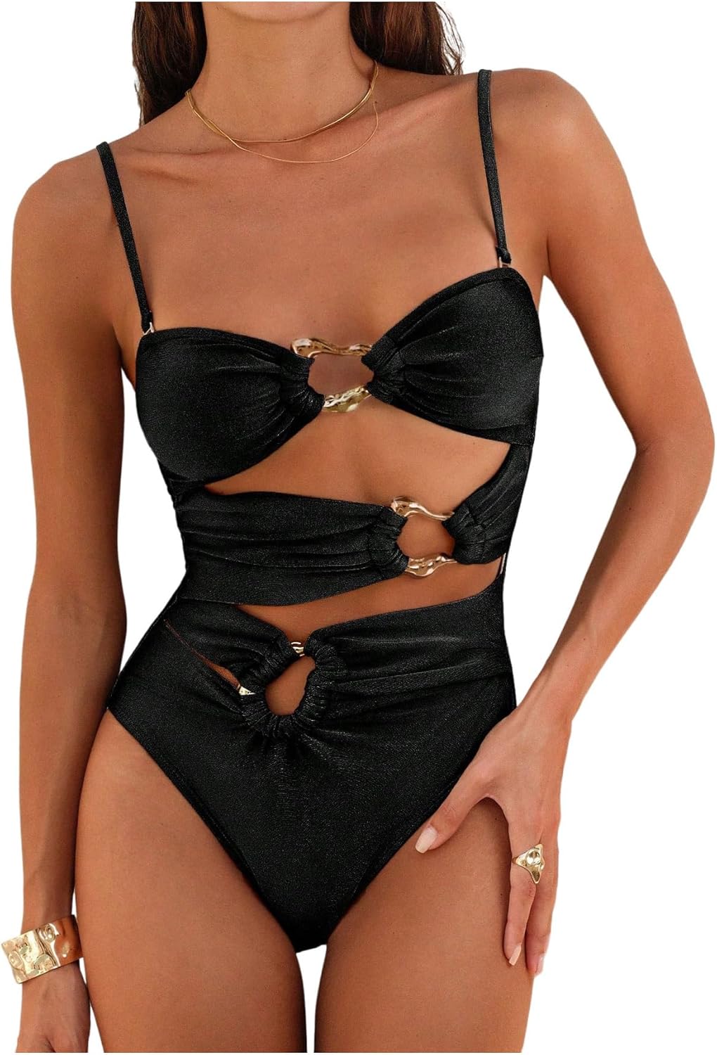 OYOANGLE Women's One Piece Swimsuit Metal Ring Linked Cut Out Bathing Suits Swimwear