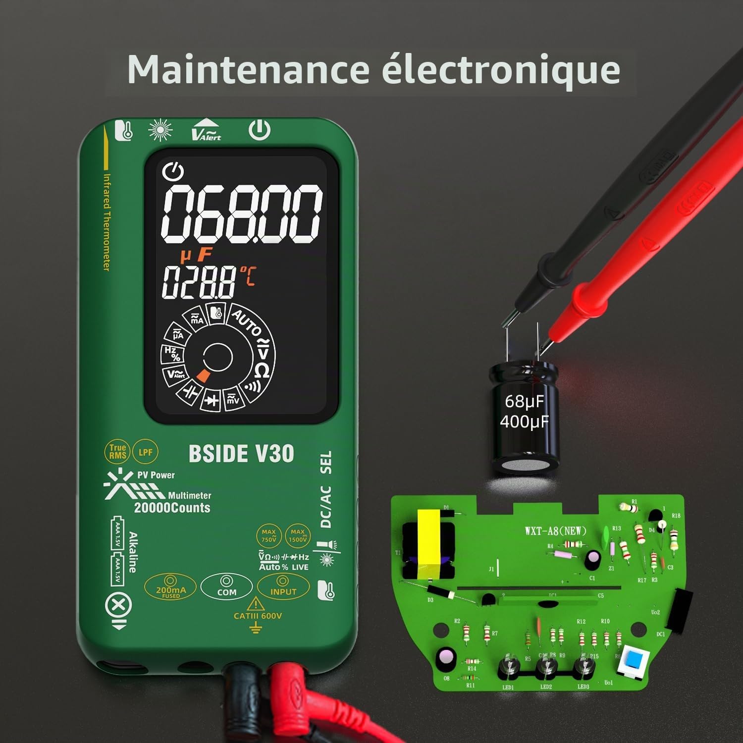 BSIDE Multimètre Numérique Intelligent 20000 Comptes TRMS, Multimètre Photovoltaïque 1500V 0.01mV 0.1μA, Testeur Électrique avec Filtre Passe-Bas, Double Alimentation, LCD Couleur et Thermomètre IR