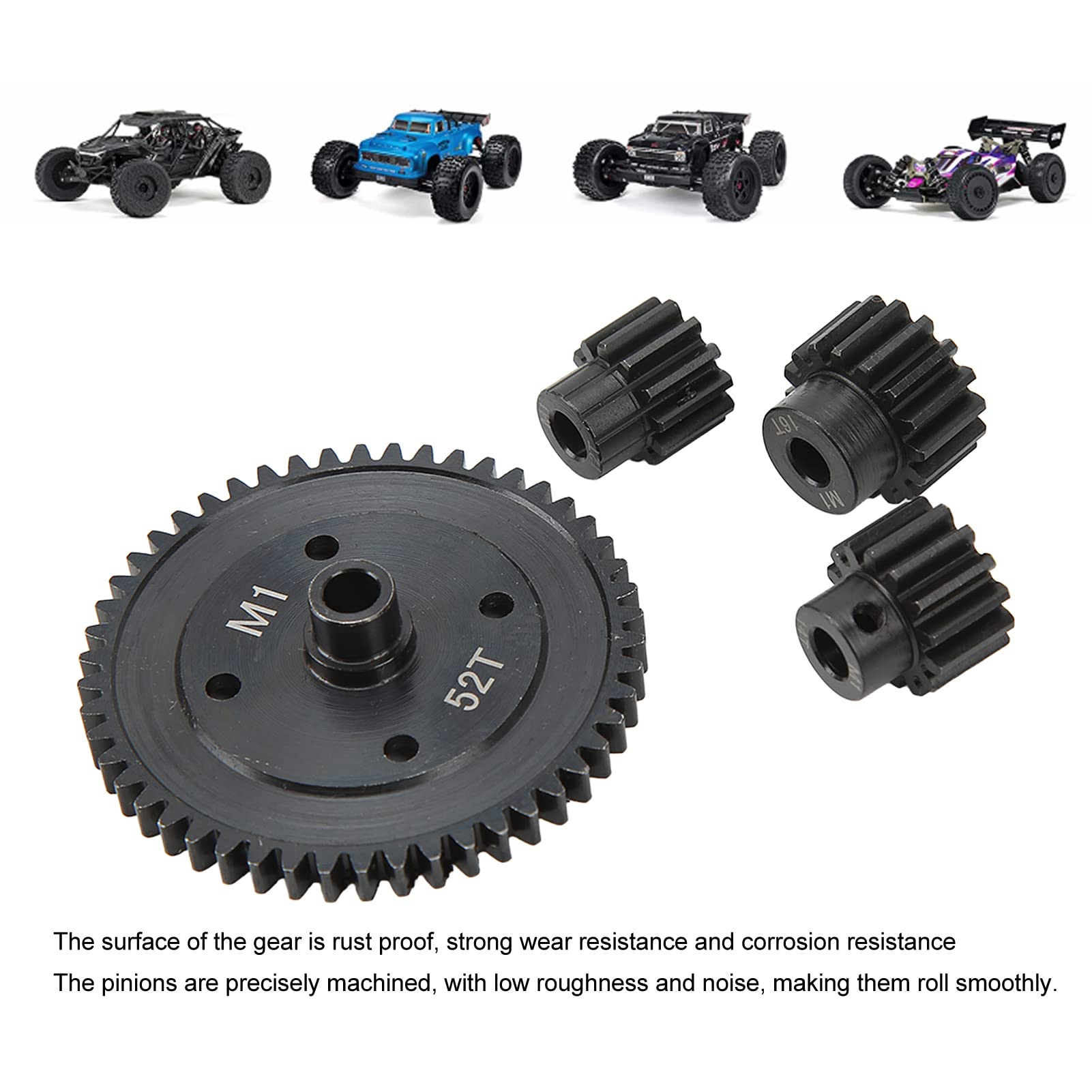 Engranaje principal de 52 dientes con engranajes de piñón de 12, 14 y 16 dientes, conjunto de engranajes de acero M1 de 5 mm para coches de control remoto a escala 1/8 y 1/7,