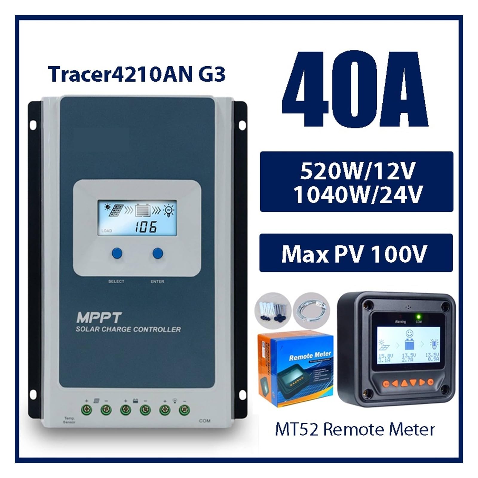 Regulator ładowania słonecznego 40 A MPPT 12 V 24 V napięcie akumulatora maks. regulator panelu słonecznego 100 V z monitorem danych MT52 (tylko kontroler)