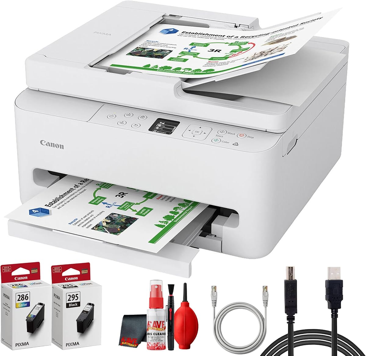 PIXMA TR7120 MFP Inkjet Printer (7178C002) Bundle | For Home Office, Schoolwork, Documents, Labels, Photos, Crafts + Printer Cable + Cleaning Kit (6pc Bundle)