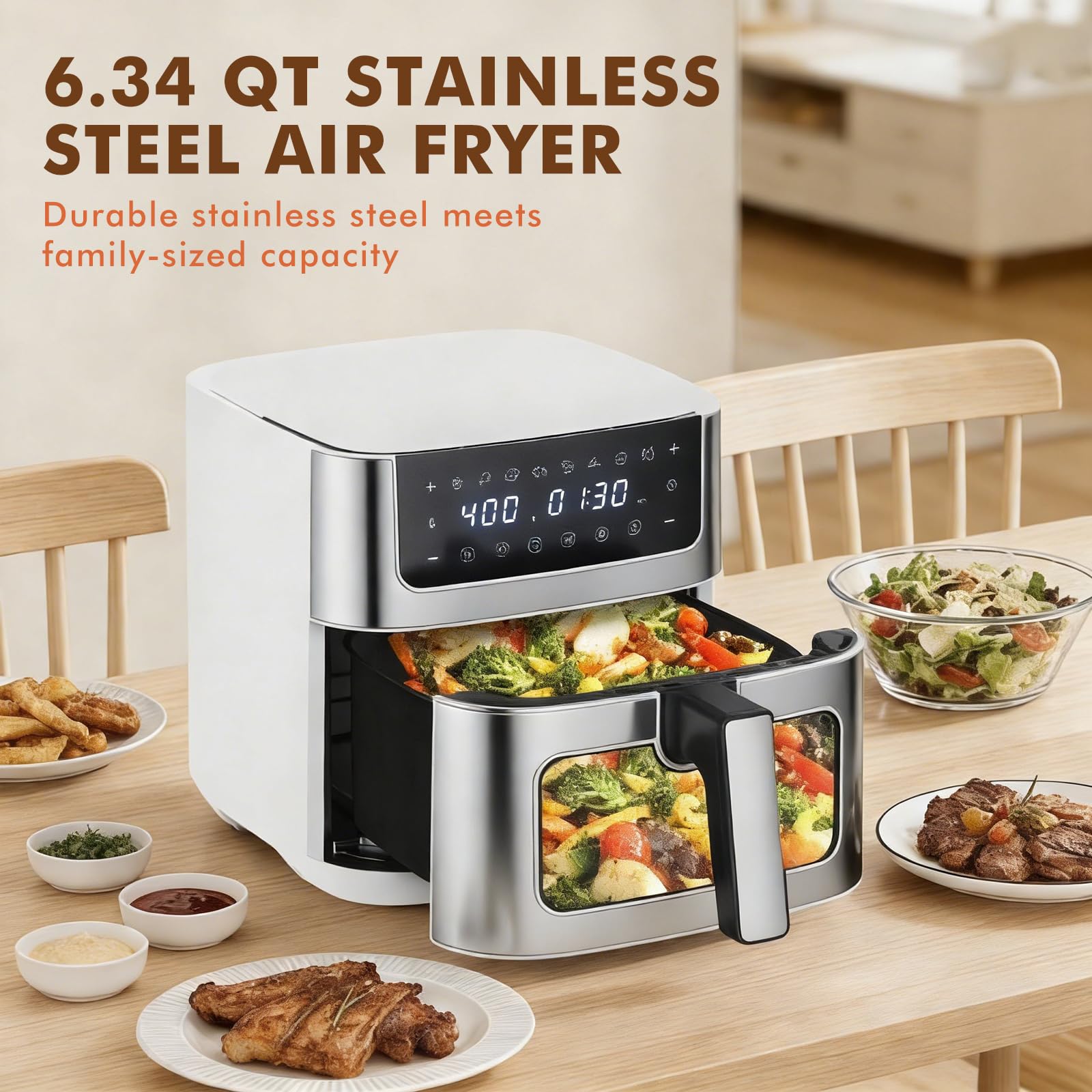 OLIXIS 6.34QT Air Fryer with Window, 8 Food Presets with 400°F Max Heat, 90-Min Timer, Nonstick Dishwasher-Safe Basket for Air Fry, Roast, Reheat, Bake, Stainless Steel, White view 2