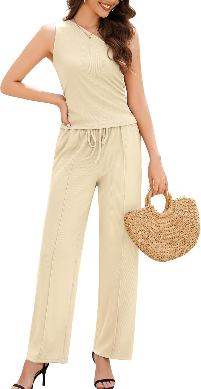 Casly Lamiit Womens Two Piece Outfits 2026 Summer Ribbed Knit Button Beach Vacation Casual Wide Leg Pants Lounge Sets