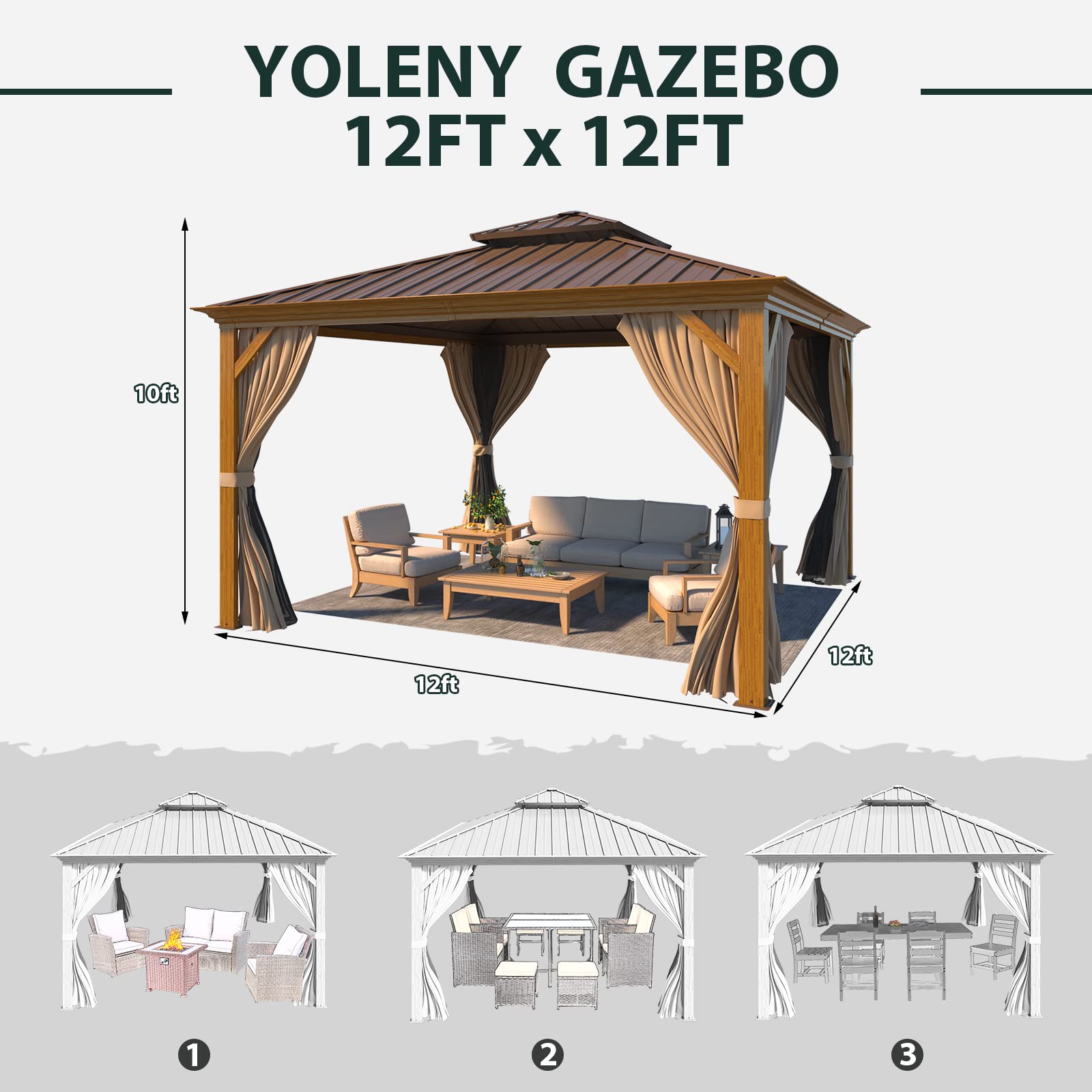 YOLENY Gazebo rigido da 30,5 x 30,5 cm, in finto legno, con struttura in alluminio, doppio tetto in acciaio zincato, pergole permanenti per esterni, gazebo pergolato con tende a rete per cortile,