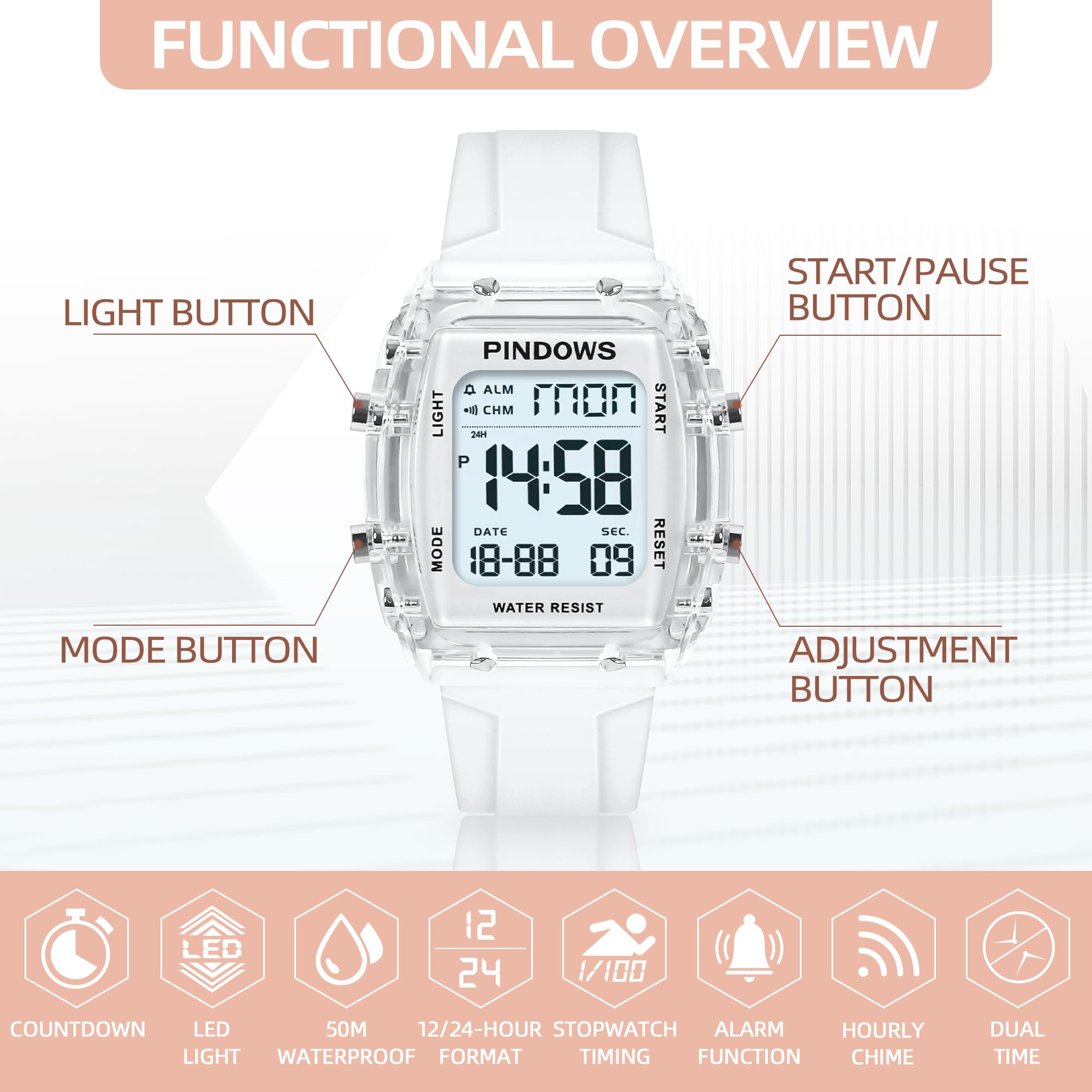 Donna Orologio per Donna Adolescenti Orologio sportivo Digitale Orologi Studenti Orologi Impermeabili con Allarme Cronometro Conto Alla Rovescia Dual-Time Suoneria Oraria Funzione Alta Luminosità Luce