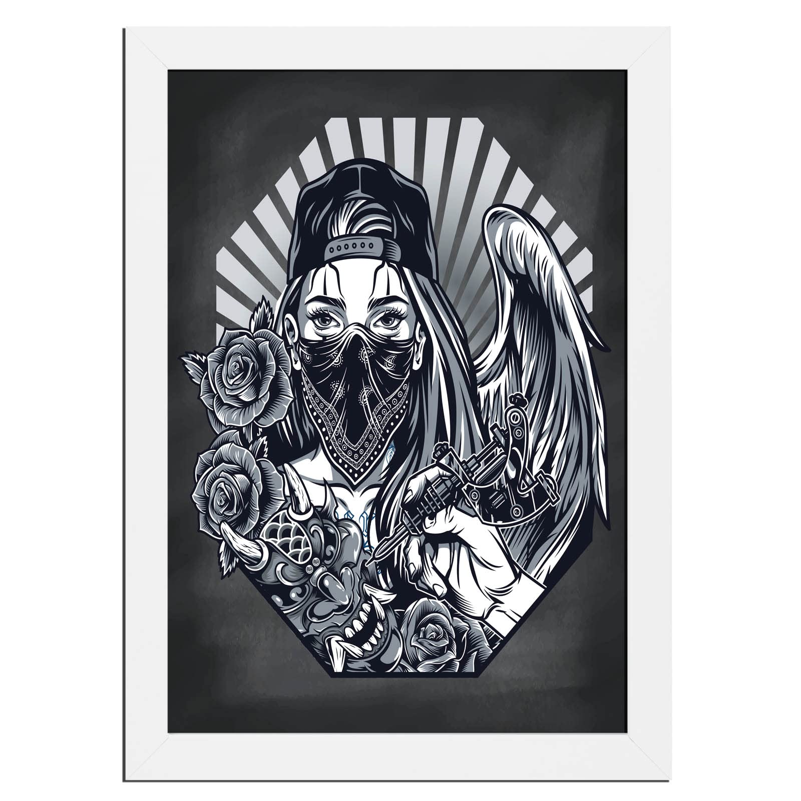 Amazon.com: vintage tattoo holding tattoo machine demon mask roses girl  with angel wing baseball cap bandana face A0 A1 A2 A3 A4 A5 Satin Photo  Poster with Frame p34120h : Everything Else