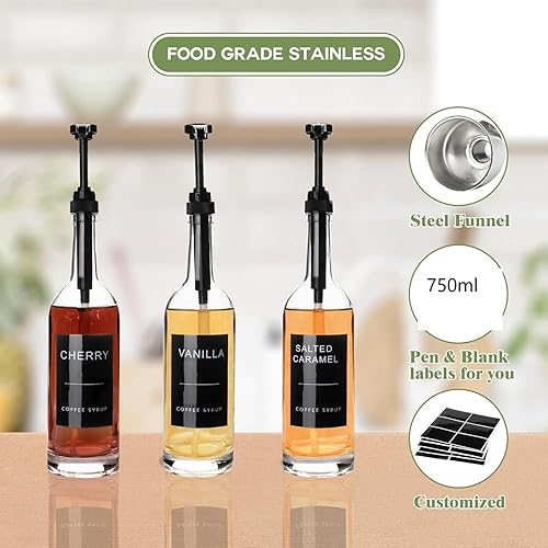 Vista 3 de 25.4 oz 750 ml Glass Coffee Syrup Dispenser for Coffee Bar With Pump & Lables Glass Syrup Bottle Included -4 Pack 4 Negro