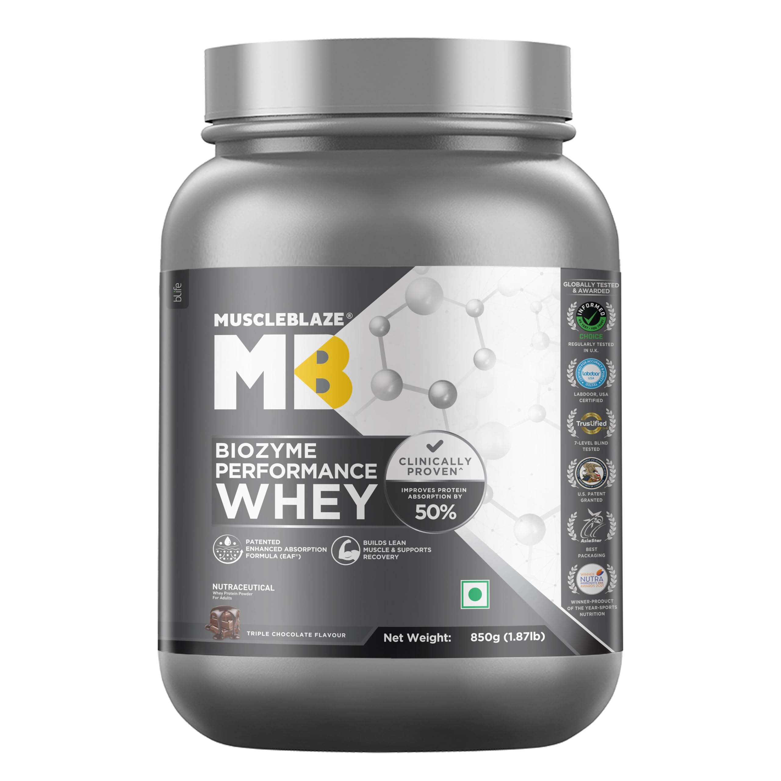 MuscleBlaze Biozyme Performance Whey Protein Powder, Triple Chocolate (850g / 1.8lbs) | 25g Protein Per Scoop | Clinically Tested 50% Higher Protein Absorption