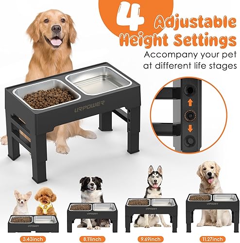 Miniatura 2 de URPOWER Cuencos elevados para perros, soporte elevado ajustable de 4 alturas con 2 cuencos grandes de acero inoxidable para alimentos y agua para