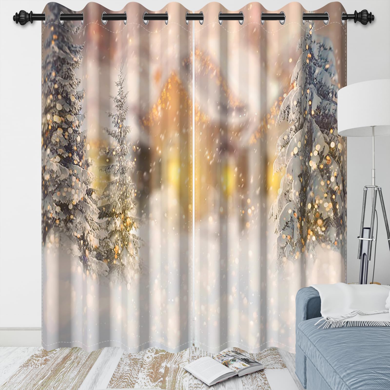 Cortinas navideñas, Cortinas Verdes para árbol de Navidad, Paisaje Invernal, Cortinas Opacas Opacas con Ojales para Dormitorio, salón, habitación Infantil, Juego de 2, 140 x 260 cm