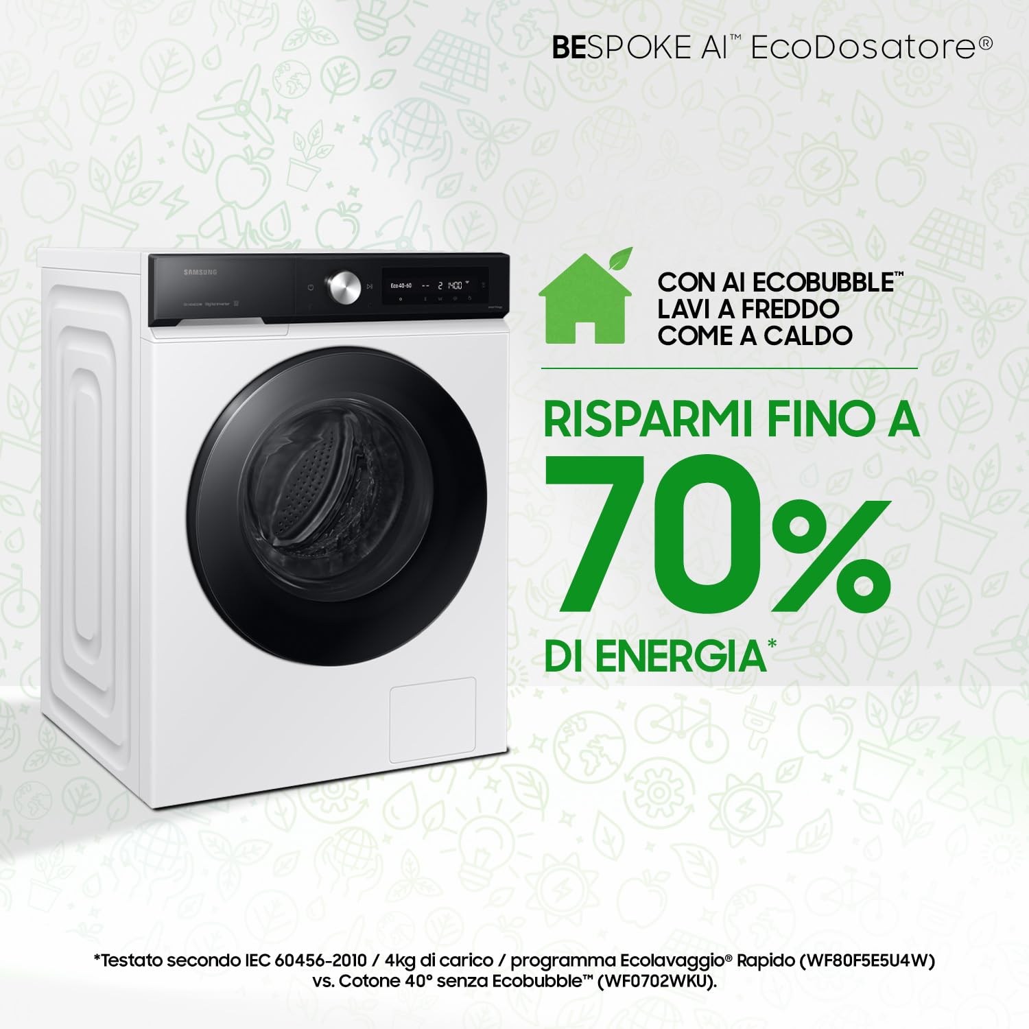 Samsung Lavatrice BESPOKE AI WW90DB7U94GE/U3 Libera installazione, 9 Kg, Wifi, Ecodosatore, Super Speed, AI Wash, Corpo: Bianco, Oblò: Nero, 60l x 85h x 60p cm