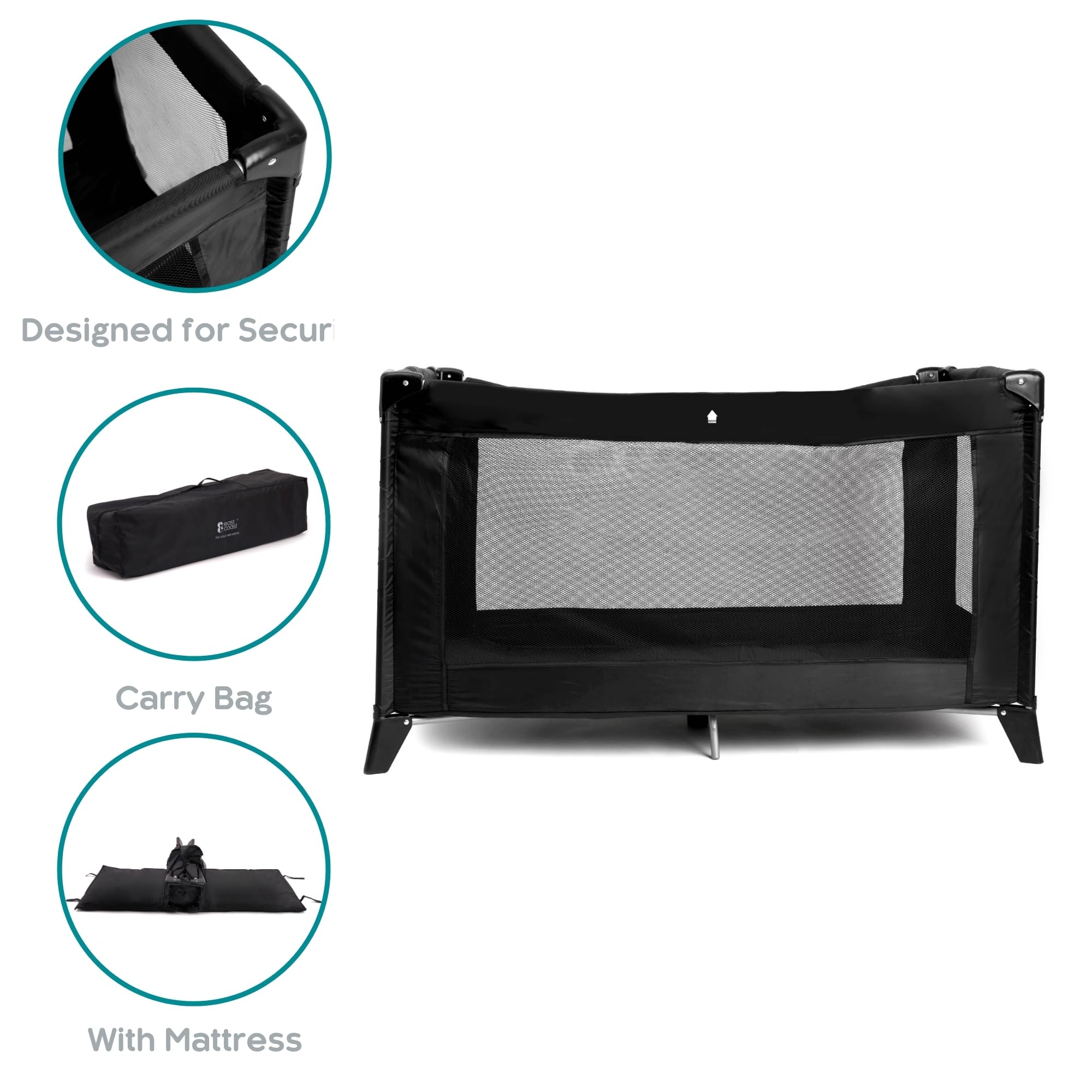 EastCoast Travel Cot with Padded Mattress Lightweight Compact and Portable Baby Bed 120 x 60 cm — view 3